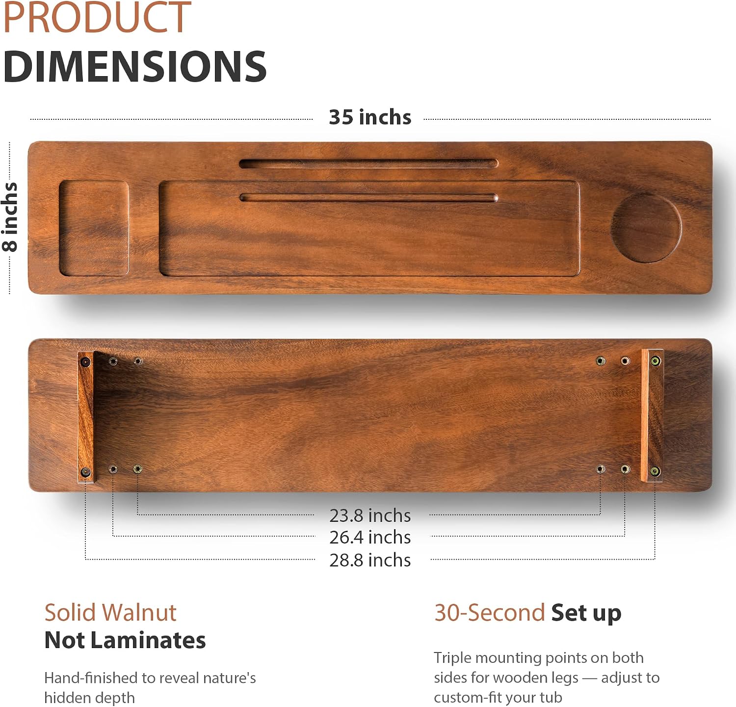 Wood Bathtub Tray Caddy - 35" Non-Slip Luxury Bath Board for Freestanding Tub - Premium Wood Bathtub Organizer with Wine Glass, Book & Phone Holder for Spa Relaxation, Gift Ideas