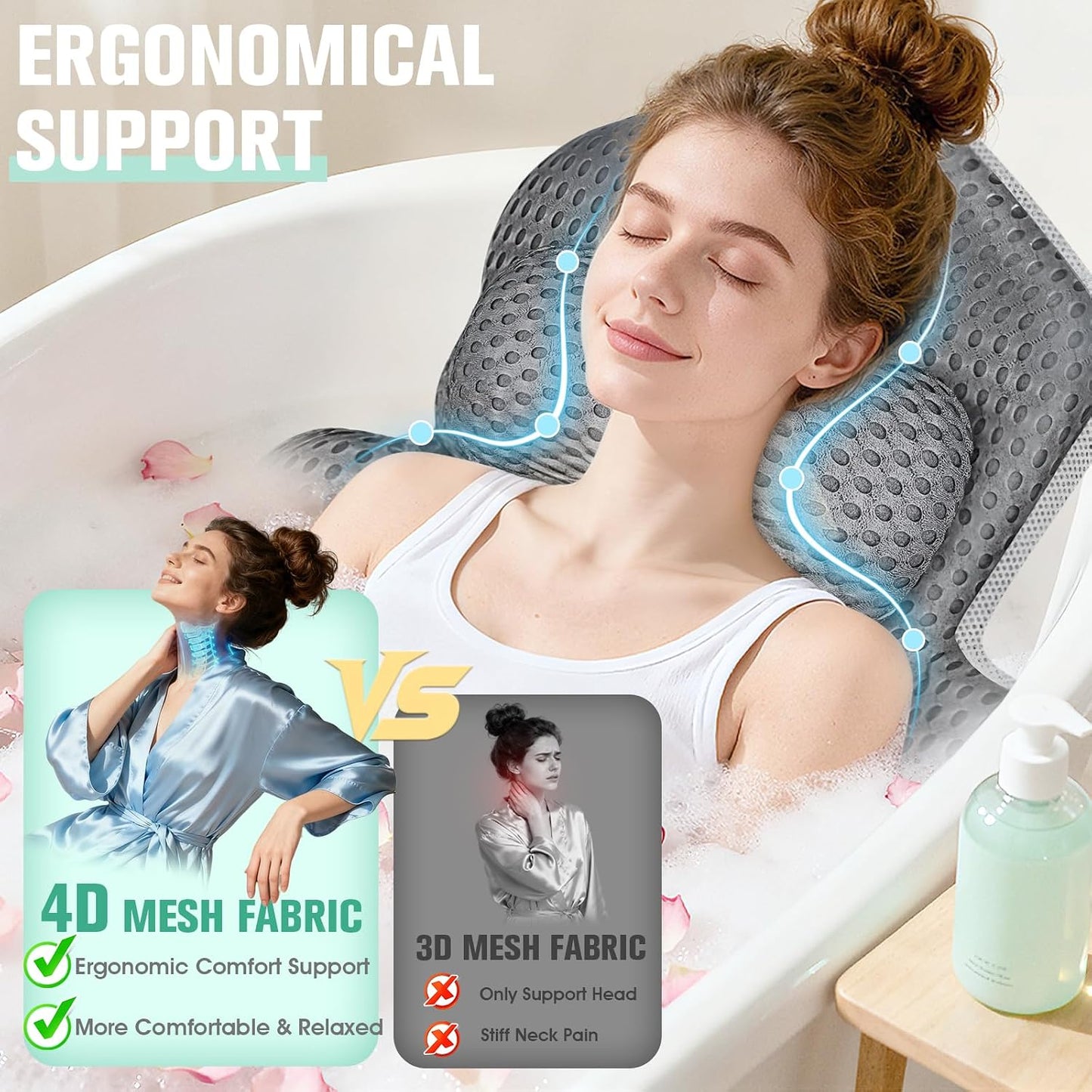 Upgraded Full Body Bath Pillow for Bathtub,Luxury Thick Bath Cushion for Soaking Tub with 192 Suction Cups,Full Body Bathtub Pillows for Head and Neck Shoulder Support,4D Air Mesh, 53" x 16" Dark Gray