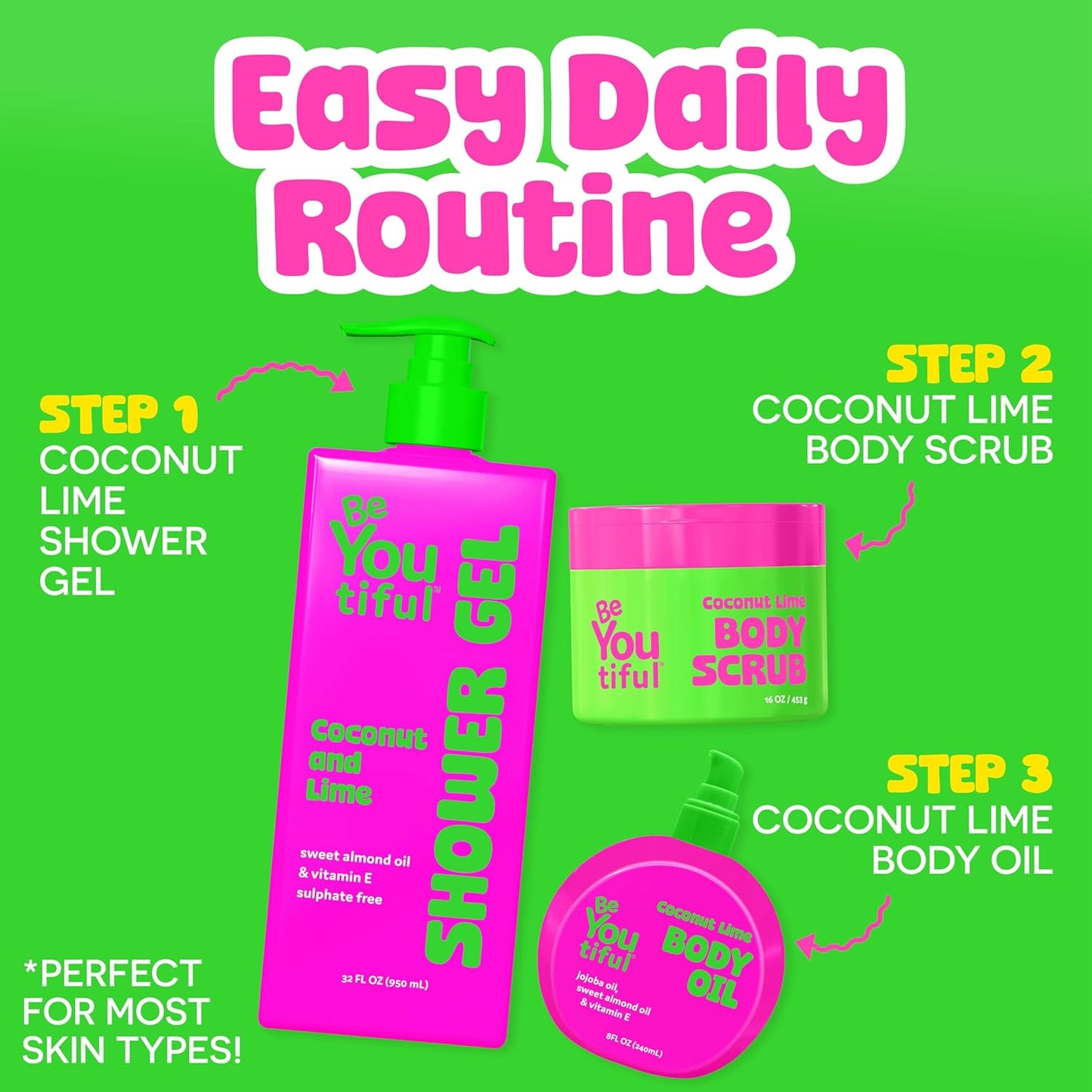 BeYoutiful Coconut Lime Body Oil for Kids & Teens, Hydrating Glow Oil for All Day Moisture with Jojoba & Sweet Almond, Soft, Smooth Skin, 8 oz