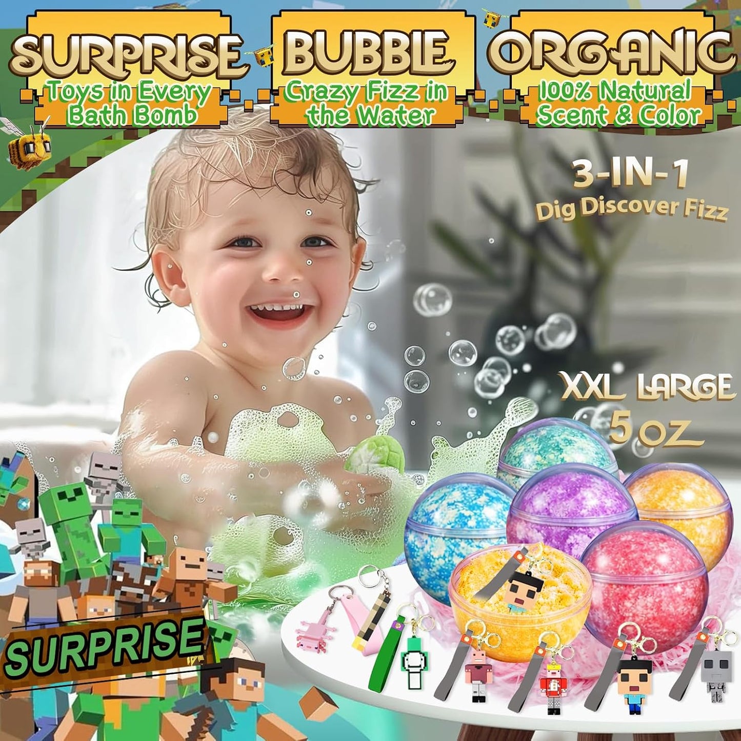 Bath Bombs for Kids: 3 in 1 Build My Own World Dig a Bath Bombs with Toys Inside, Organic Bath Bomb Rich in Natural Essential Oils, Kids Bath Bomb for Dry Skin Moisturize, Summer Party Favors(6 Pcs)