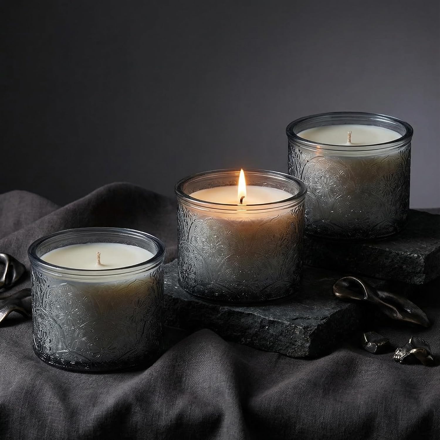 10 oz Gray Mandala Glass Candle Jars with Bamboo Lids, 9 Pack | Patented Embossed Design, Includes Wick Centering Devices & Warning Labels, Multiple Color Options