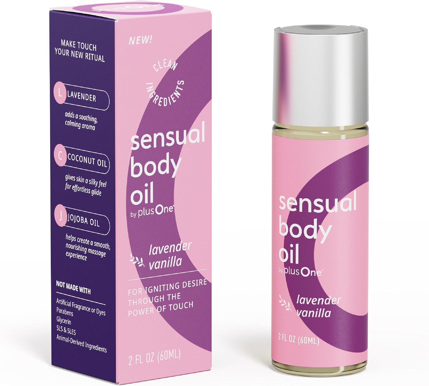 plusOne Sensual Body Oil – Lavender Vanilla Massage & Intimate Oil – Plant-Based Blend with Coconut, Jojoba & Sweet Almond Oil – Vegan & Cruelty-Free – 2 fl oz