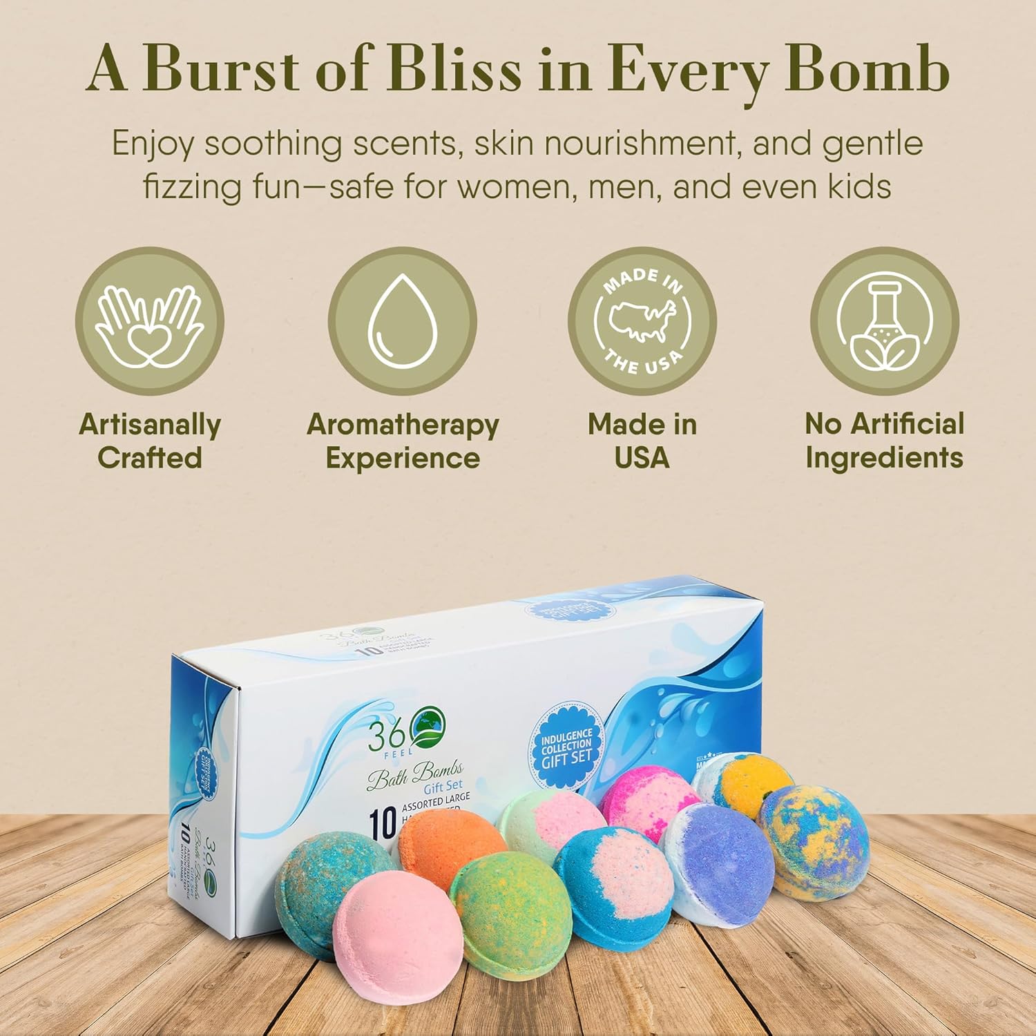 360Feel Bath Bombs Gift Set - Handcrafted Moisturizing Bath Bombs for Women Infused with Essential Oils - an Ideal Gift for Any Occasion - Non-Staining and Glitter Free Fizz - Large - Set of 10