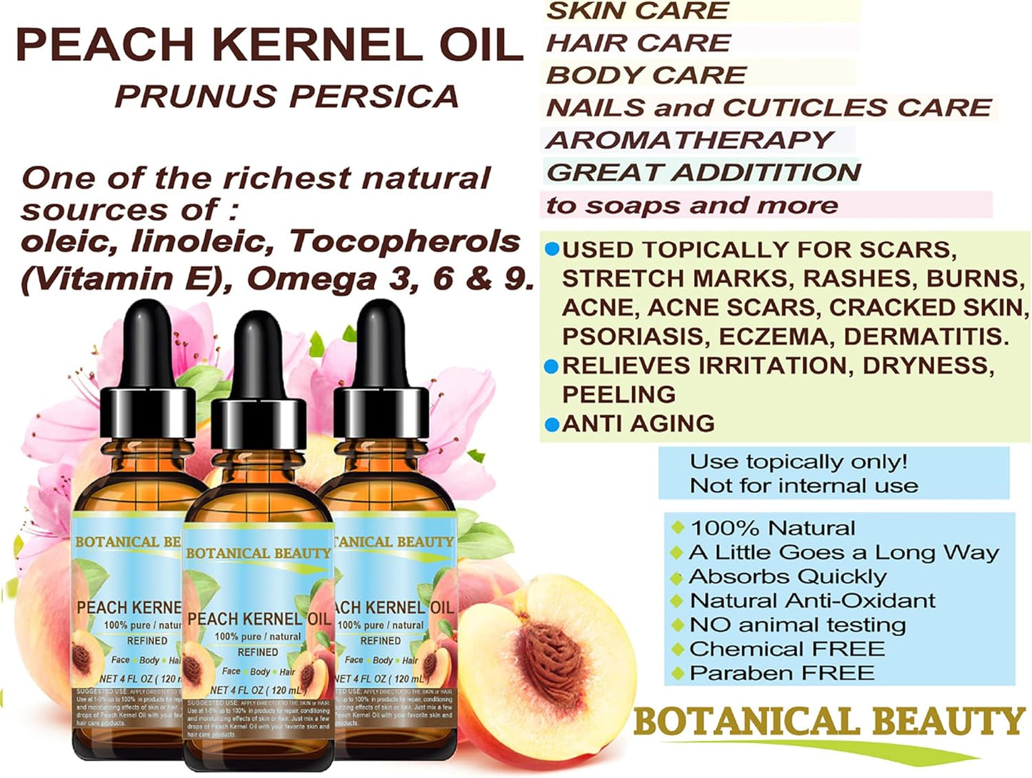 Botanical Beauty Peach Kernel Oil. 100% Pure Natural Undiluted Refined Cold Pressed Carrier Oil for Face, Skin, Hair, Massage, Lip, Nail Care. 4 Fl. oz-120 ml