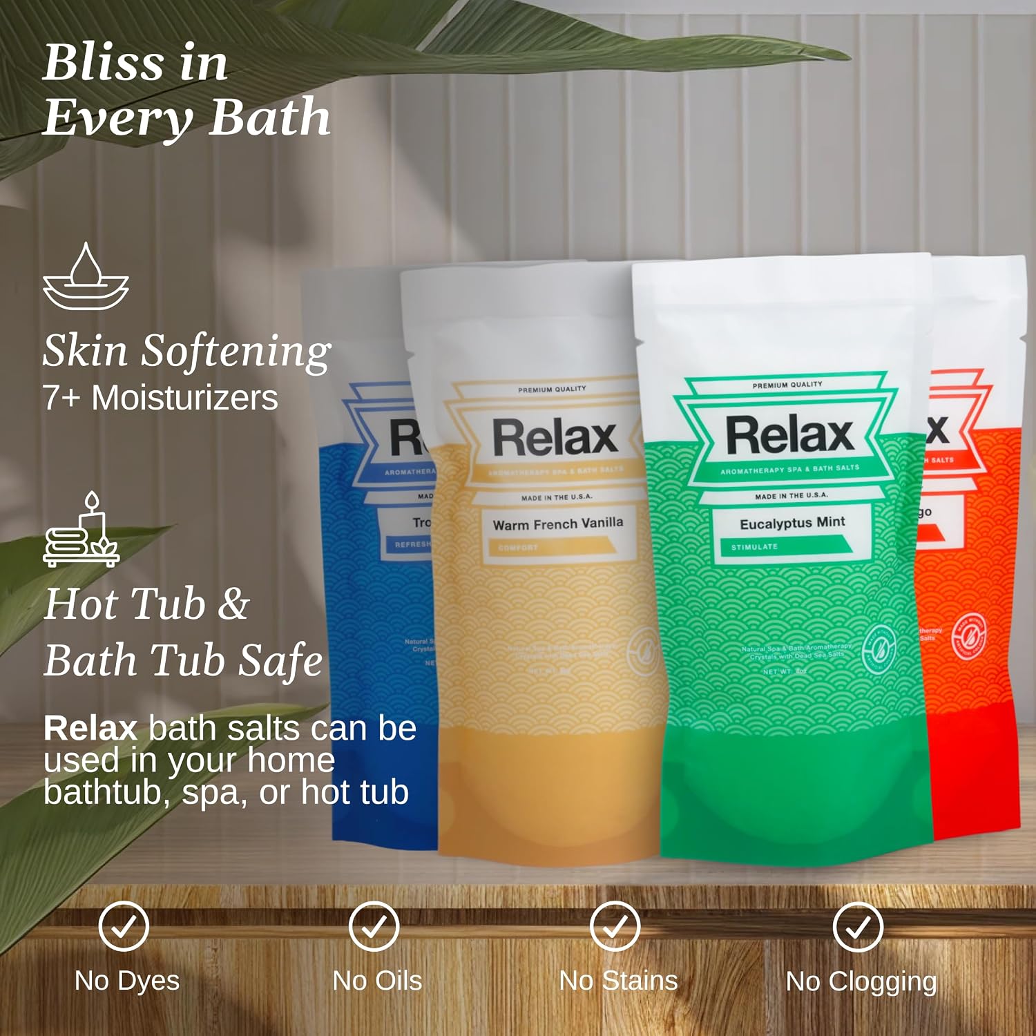Relax Spa & Bath Aromatherapy Bath Salts Variety Pack for Hot Tub, Bath, or Spa, Infused with Magnesium, Bath Salt for Soaking, Four 4oz Sample Bags