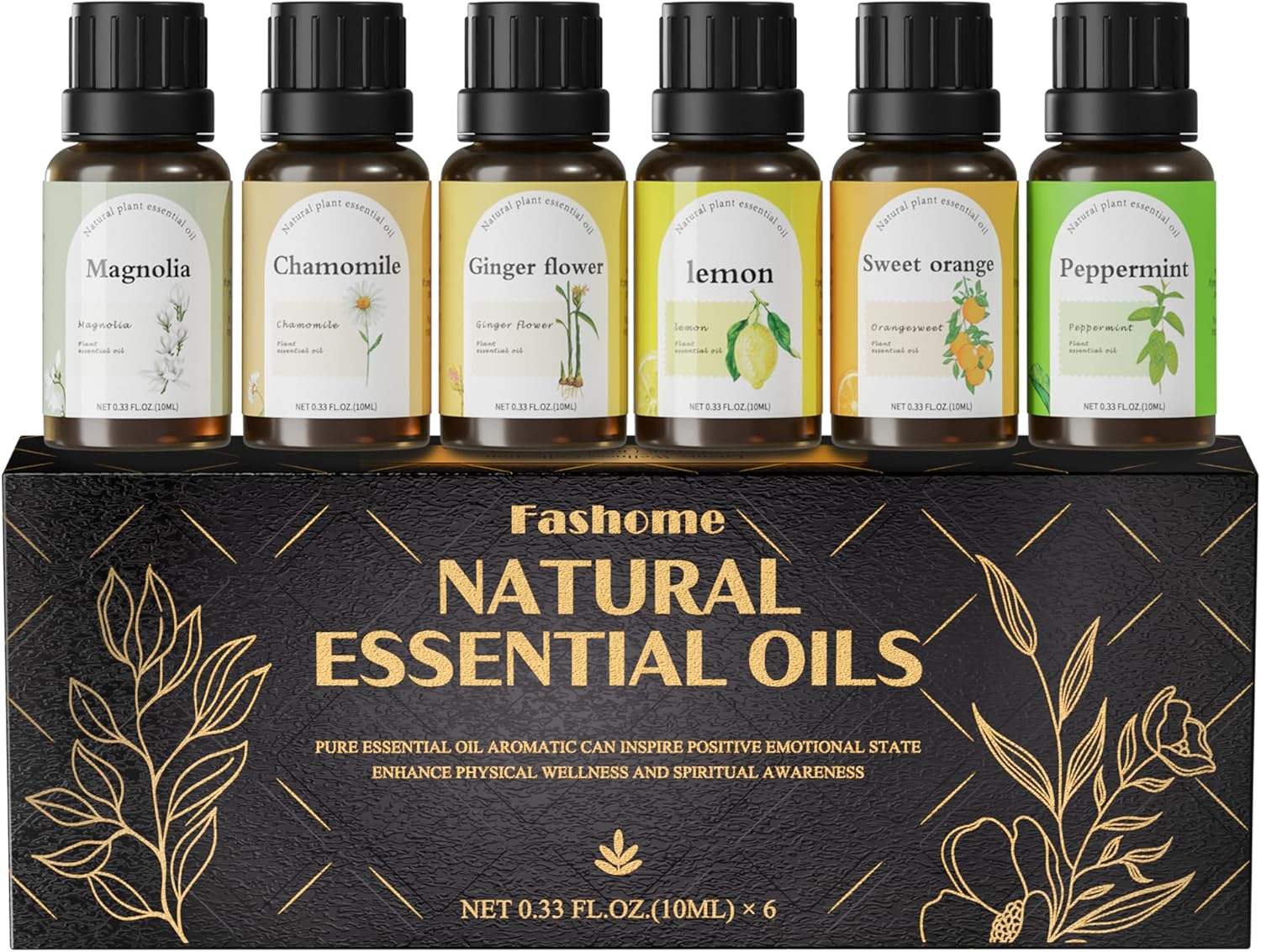 Fashome Essential Oil Blends Set for Diffuser - Energizing Citrus & Fresh Scent - Plant-Based Aromatherapy Oils for Home & DIY 6-Pack x 10ml (Peppermint, Lemon, Ginger,Orange, Magnolia, Chamomile)
