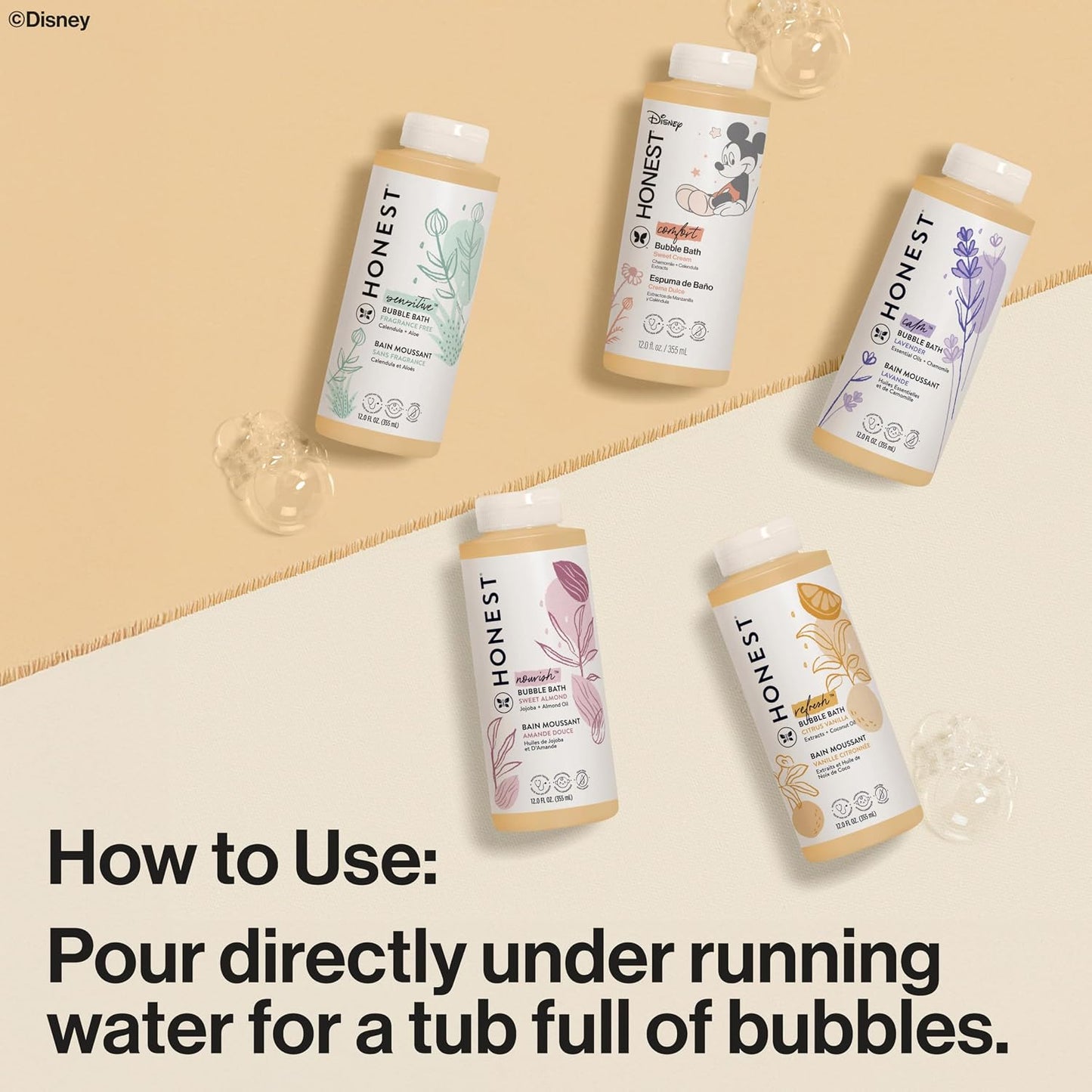 The Honest Company Foaming Bubble Bath Gentle Enough for Baby Dermatologist Tested Tear-Free Hypoallergenic Disney’s Mickey Mouse Comfort Sweet Cream 12 fl oz