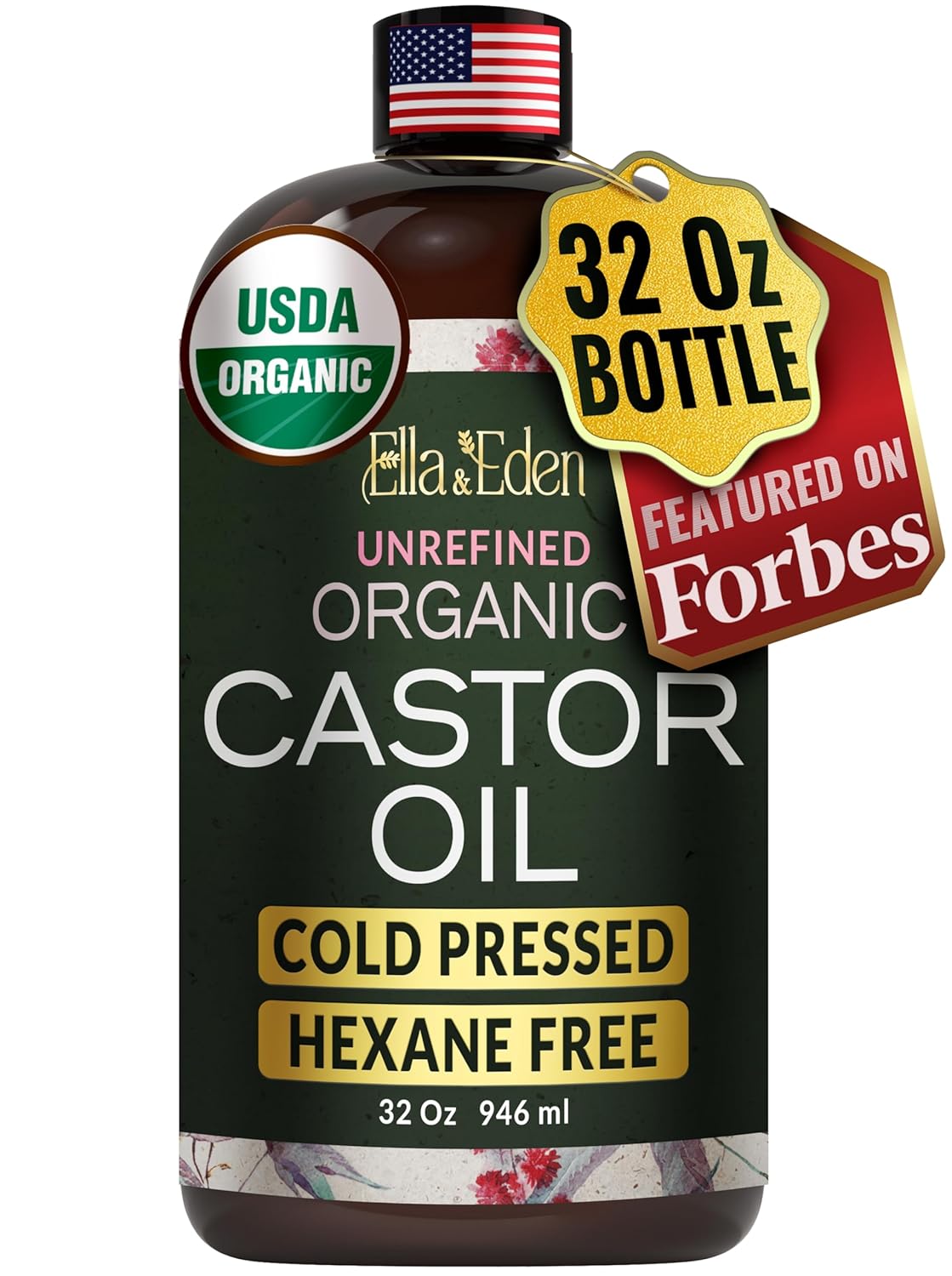 Ella & Eden Organic Castor Oil, Cold-Pressed Hexane-Free, 32 fl oz | USDA Certified, 100% Pure, Unrefined, For Hair Growth, Skin and Face