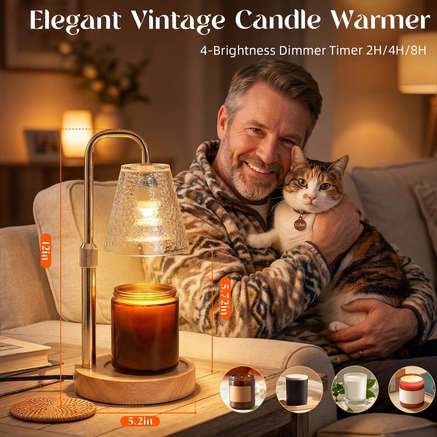 Glimra 2 Pack Candle Warmer Lamp with Timer,Dimmable Adjustable Height Candle Heater Birthday Gifts for Women Mom Sister Friends,House Warming Gifts New Home Candle Lamp Warmer with 4 Bulbs
