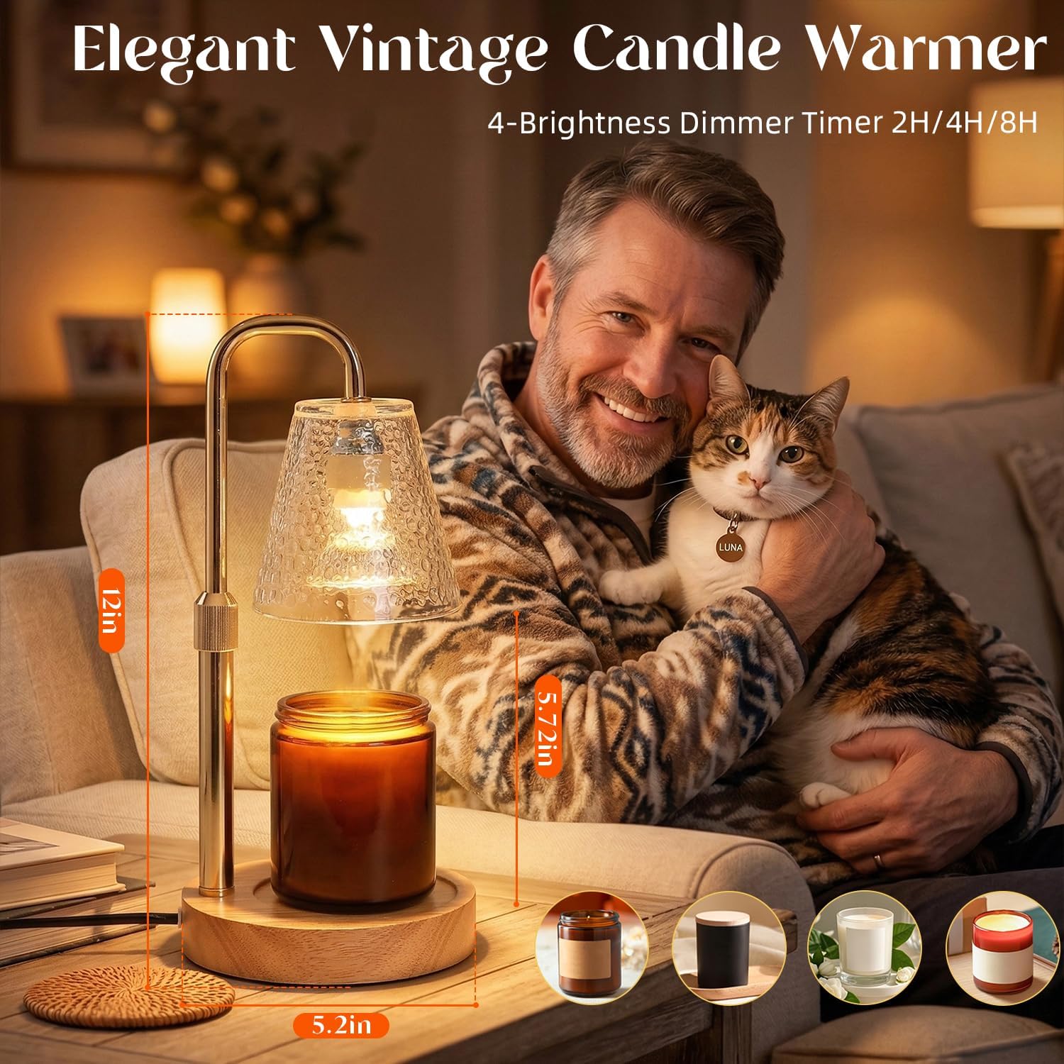 Glimra 2 Pack Candle Warmer Lamp with Timer,Dimmable Adjustable Height Candle Heater Birthday Gifts for Women Mom Sister Friends,House Warming Gifts New Home Candle Lamp Warmer with 4 Bulbs