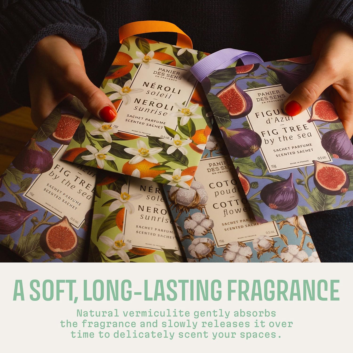 Panier des Sens Mediterranean Fig Scented Sachets, 2-Pack, 1 oz | Made In France Scented Sachets | For Drawers, Closets, Linens & Wardrobes | Long-Lasting Fragrance For Small Spaces