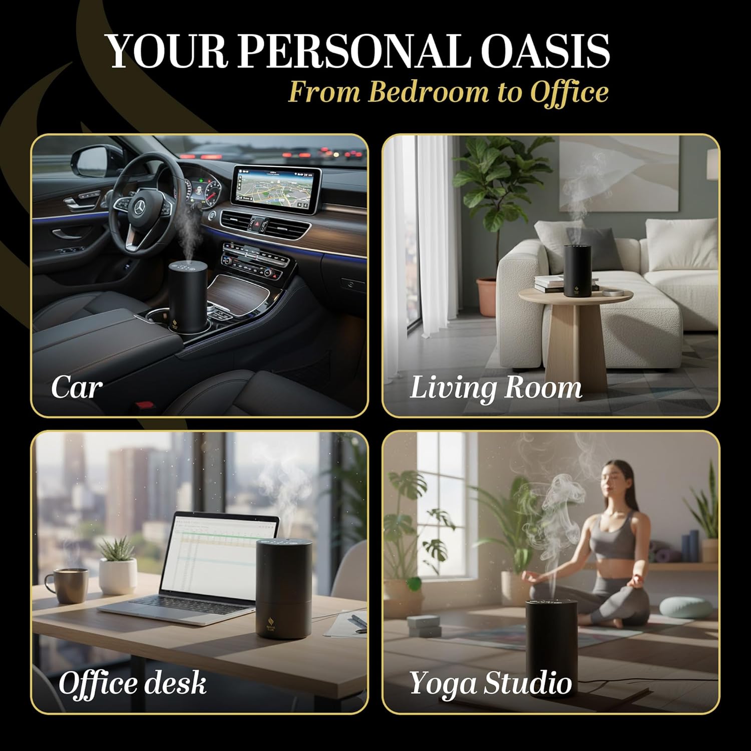 Waterless Essential Oil Diffuser, battery-operated cordless aromatherapy diffuser with timer & 3 mist levels. For car, home, office, yoga studio, nursery, bedrooms, and pet areas. Black aluminum alloy