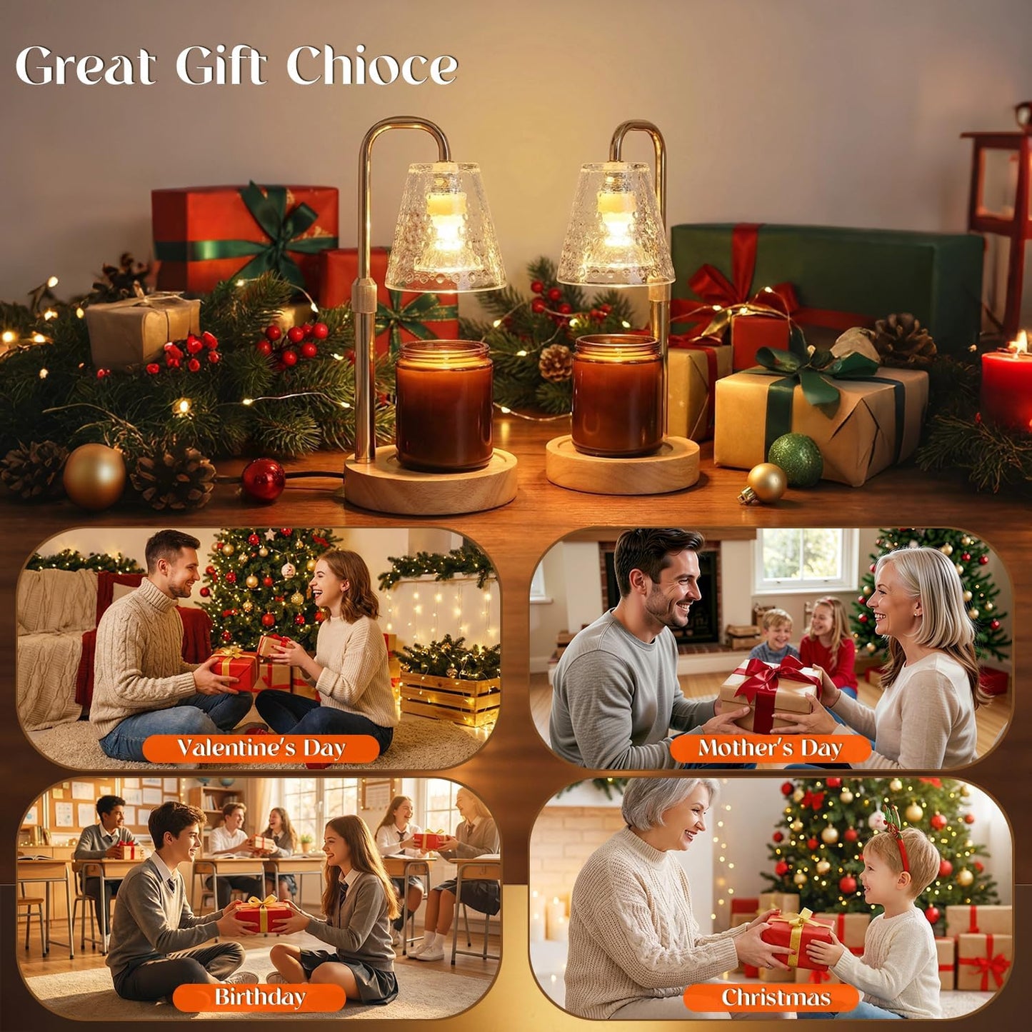 Glimra 2 Pack Candle Warmer Lamp with Timer,Dimmable Adjustable Height Candle Heater Birthday Gifts for Women Mom Sister Friends,House Warming Gifts New Home Candle Lamp Warmer with 4 Bulbs