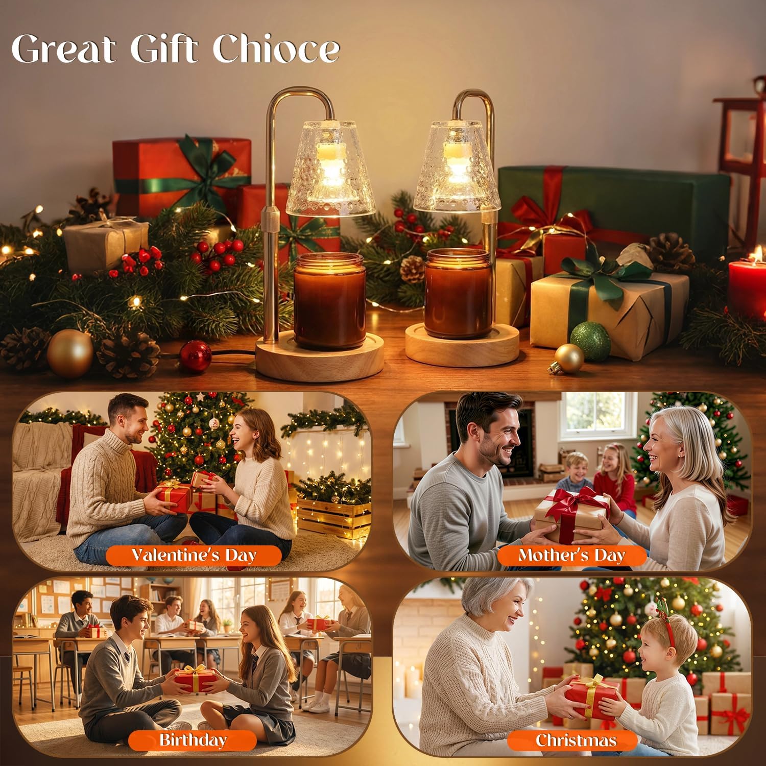 Glimra 2 Pack Candle Warmer Lamp with Timer,Dimmable Adjustable Height Candle Heater Birthday Gifts for Women Mom Sister Friends,House Warming Gifts New Home Candle Lamp Warmer with 4 Bulbs