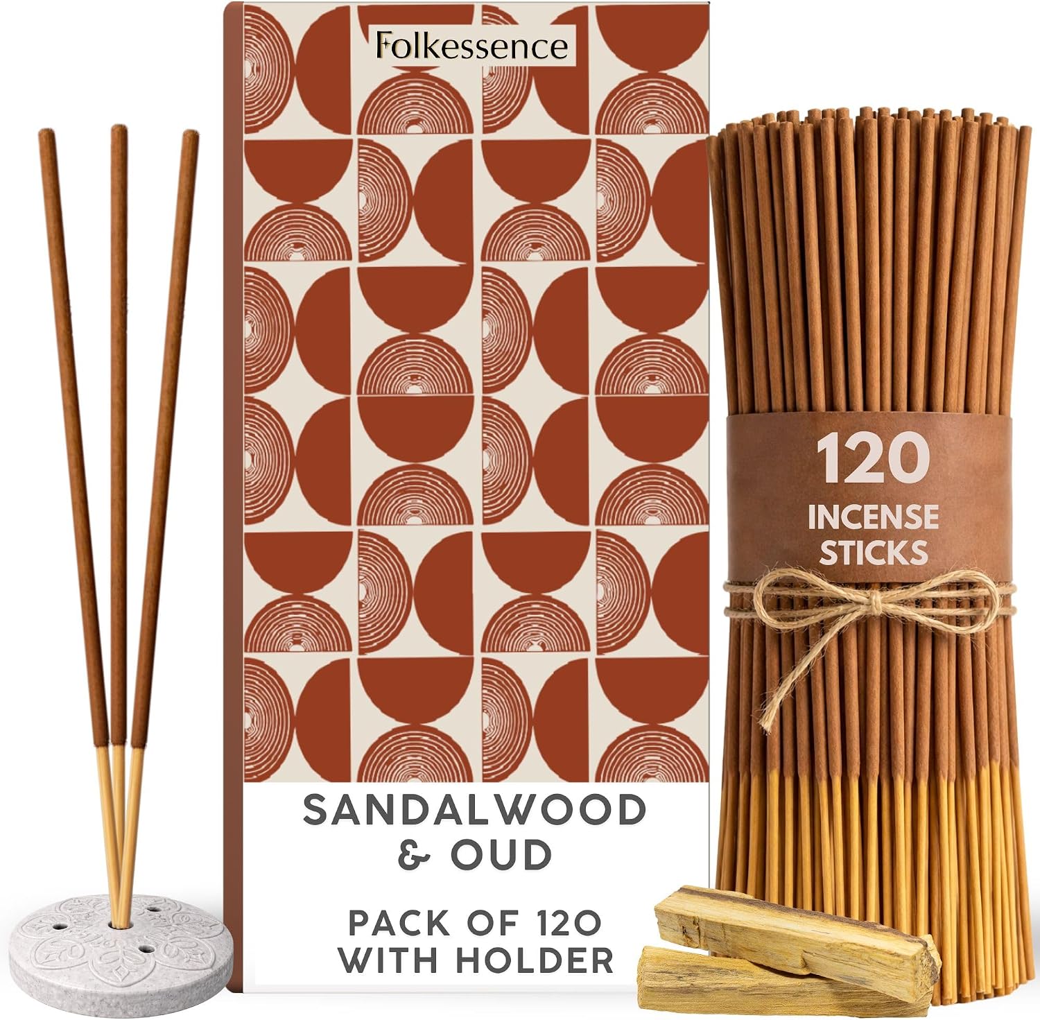 Folkulture Incense Sticks with Holder (120 Sticks)| Sandalwood & Oud Luxury Insence-Sticks for Aromatherapy, Meditation, Focus Gifts |No Charcoal,Non Toxic, 45 Mins, Long Burning Inscents-Sticks