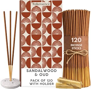 Folkulture Incense Sticks with Holder (120 Sticks)| Sandalwood & Oud Luxury Insence-Sticks for Aromatherapy, Meditation, Focus Gifts |No Charcoal,Non Toxic, 45 Mins, Long Burning Inscents-Sticks