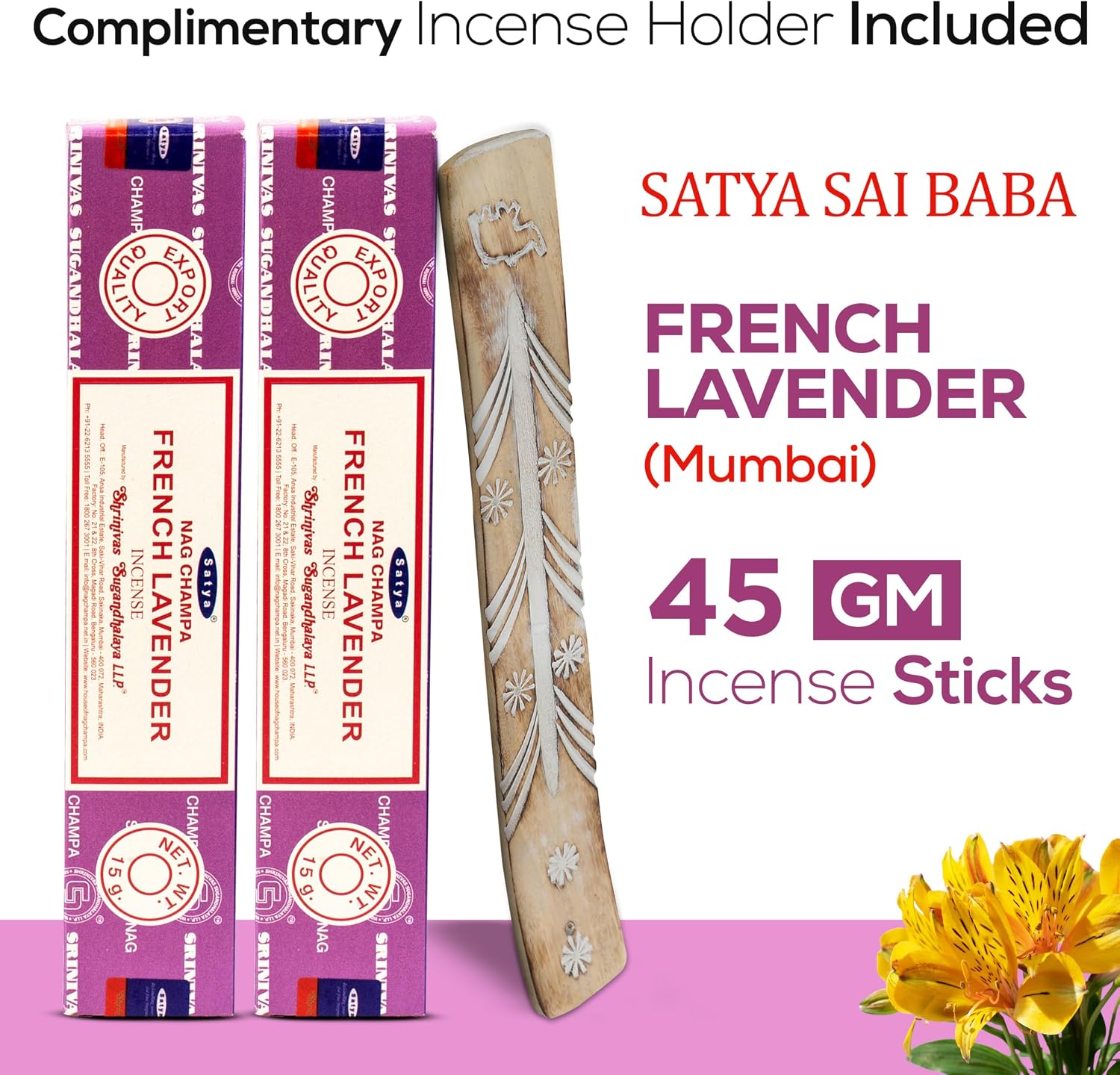 Satya French Lavender Incense Sticks, Satya sai Baba Insenses 15gmx3 (45 gm) Pack with Raajsee Incense Holder Bundle, Satya Nag Champa Natural Incense