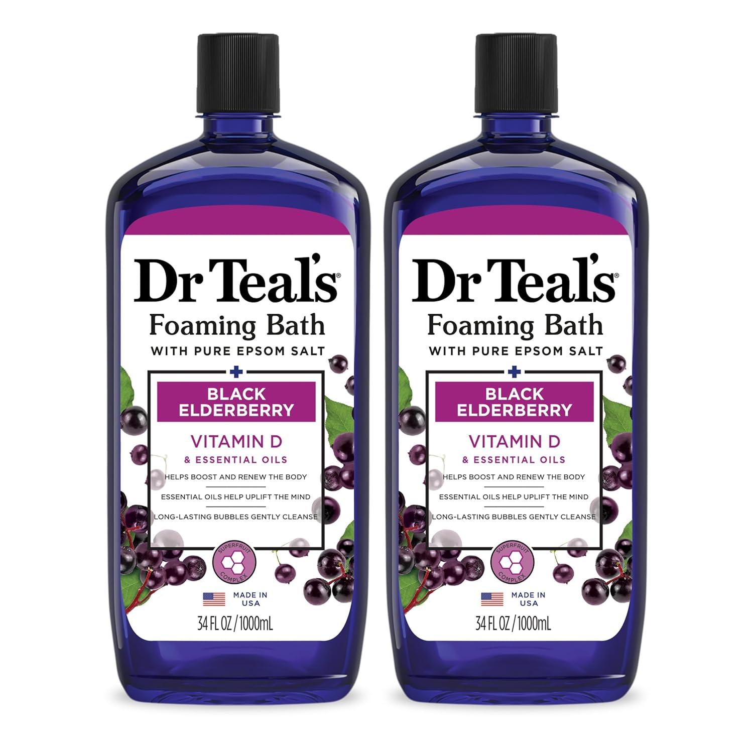 Dr Teal's Foaming Bath with Pure Epsom Salt, Black Elderberry with Vitamin D, 34 fl oz (Pack of 2) & Salt Soak with Pure Epsom Salt, Elderberry, 3 lbs