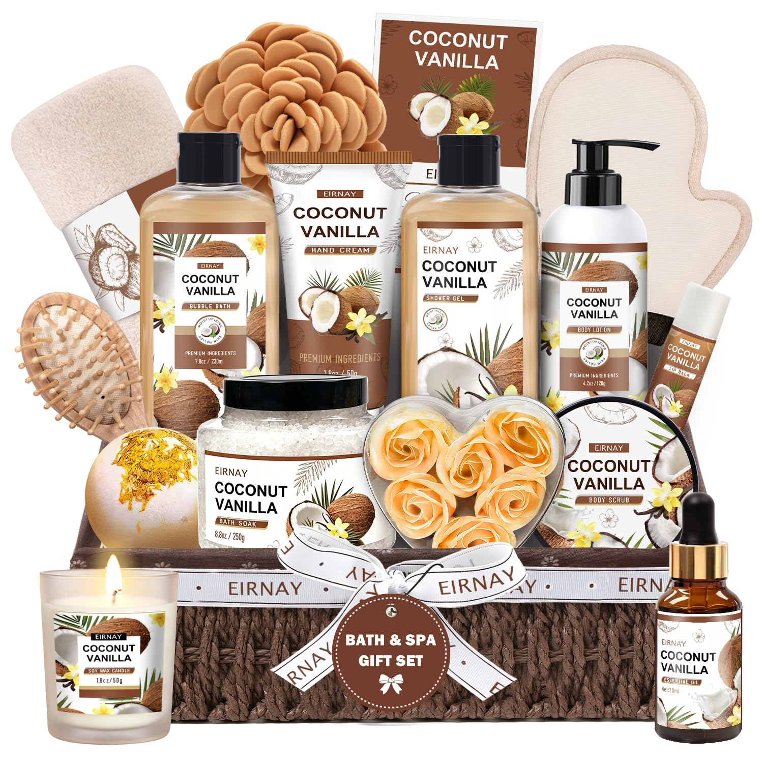 Gifts For Women - 16 PCS Birthday Gift Basket for Women Set of Coconut Vanilla Self Pampering Set, Includes Luxurious Home Spa Shower Gel Bubble Bath