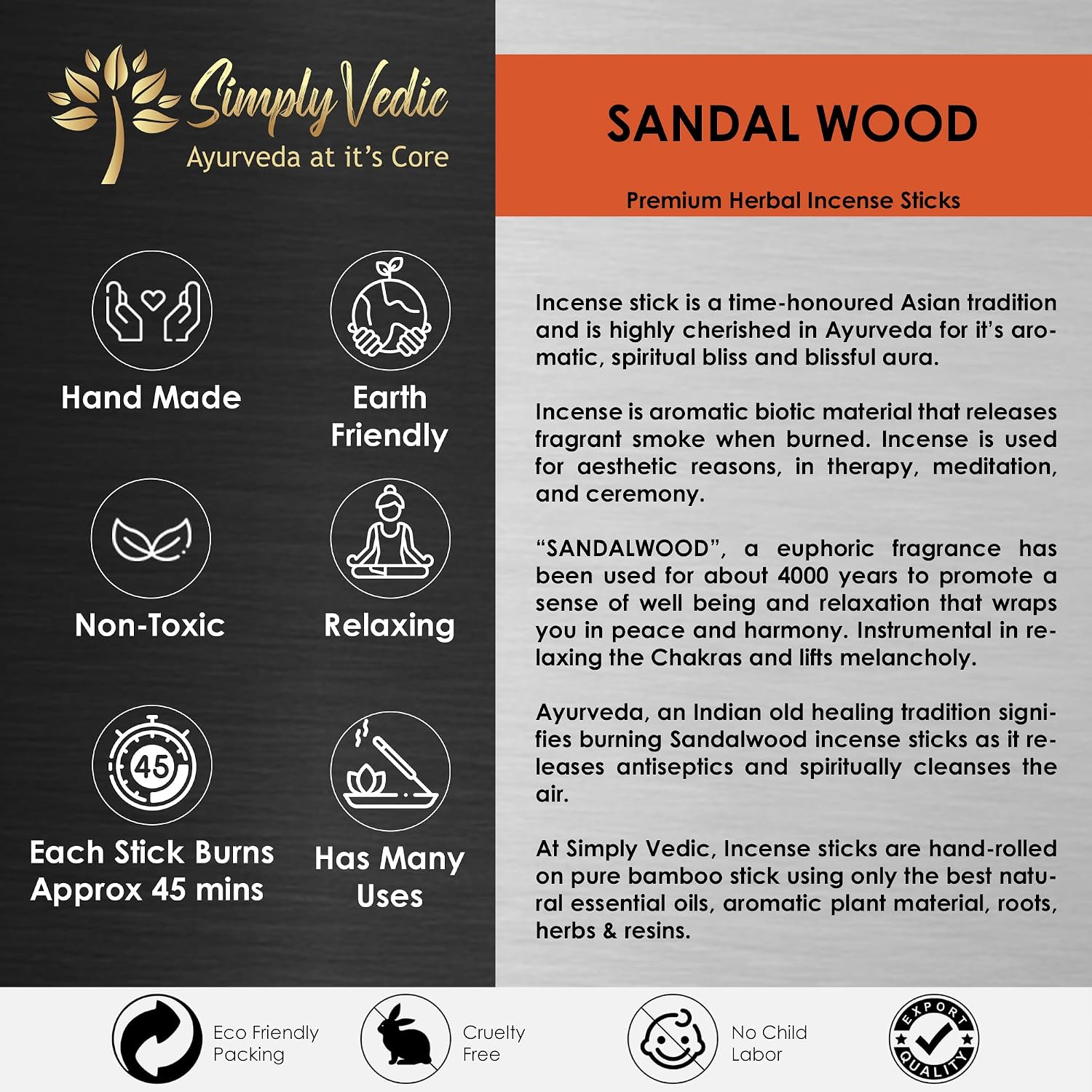 Simply Vedic Sandalwood Incense Sticks 250g (Approx. 135 Handmade Sticks) with Free Holder | 45 Min Burn | Natural Charcoal-Free Agarbatti for Meditation, Yoga, Aromatherapy, Relaxation