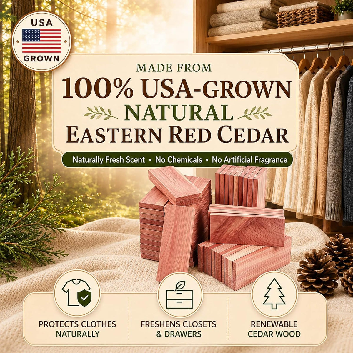50 PCS Cedar Blocks for Clothes Storage,100% Natural Aromatic Cedar Blocks for Closet Storage,Wardrobe,Drawers,Shelves