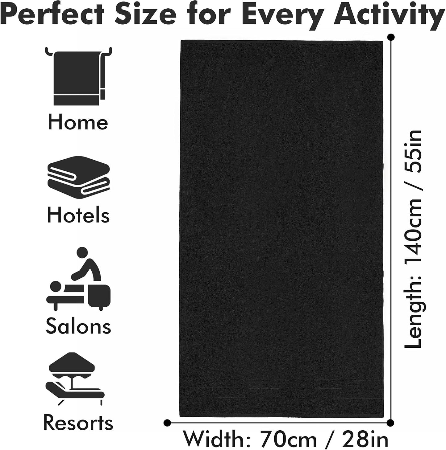Bath Towels Set of 4 – 100% Ring Spun Cotton Black Extra Large Towels for Bathroom, Spa Use (55x28 in) – 550 GSM Super Soft and Quick Dry Large Bath Sheets for Adults