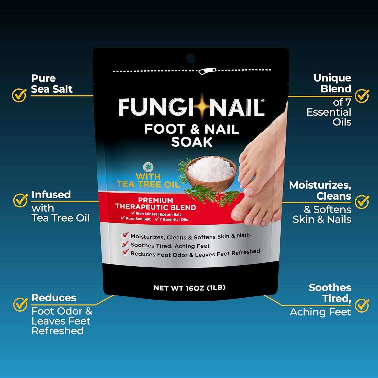 Fungi-Nail Foot & Nail Soak with Tea Tree Oil, 1 Pound, Moisturize, Reduce Foot Odor, & Soothe Aching Feet, Therapeutic Blend of Rich Mineral Epsom Salt, Pure Sea Salt, and 7 Essential Oils