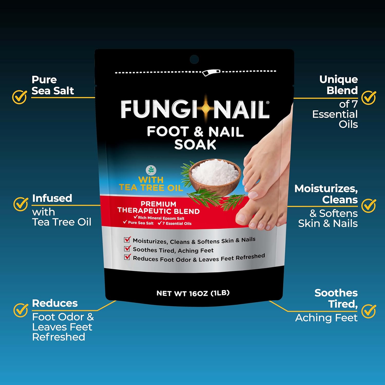 Fungi-Nail Foot & Nail Soak with Tea Tree Oil, 1 Pound, Moisturize, Reduce Foot Odor, & Soothe Aching Feet, Therapeutic Blend of Rich Mineral Epsom Salt, Pure Sea Salt, and 7 Essential Oils
