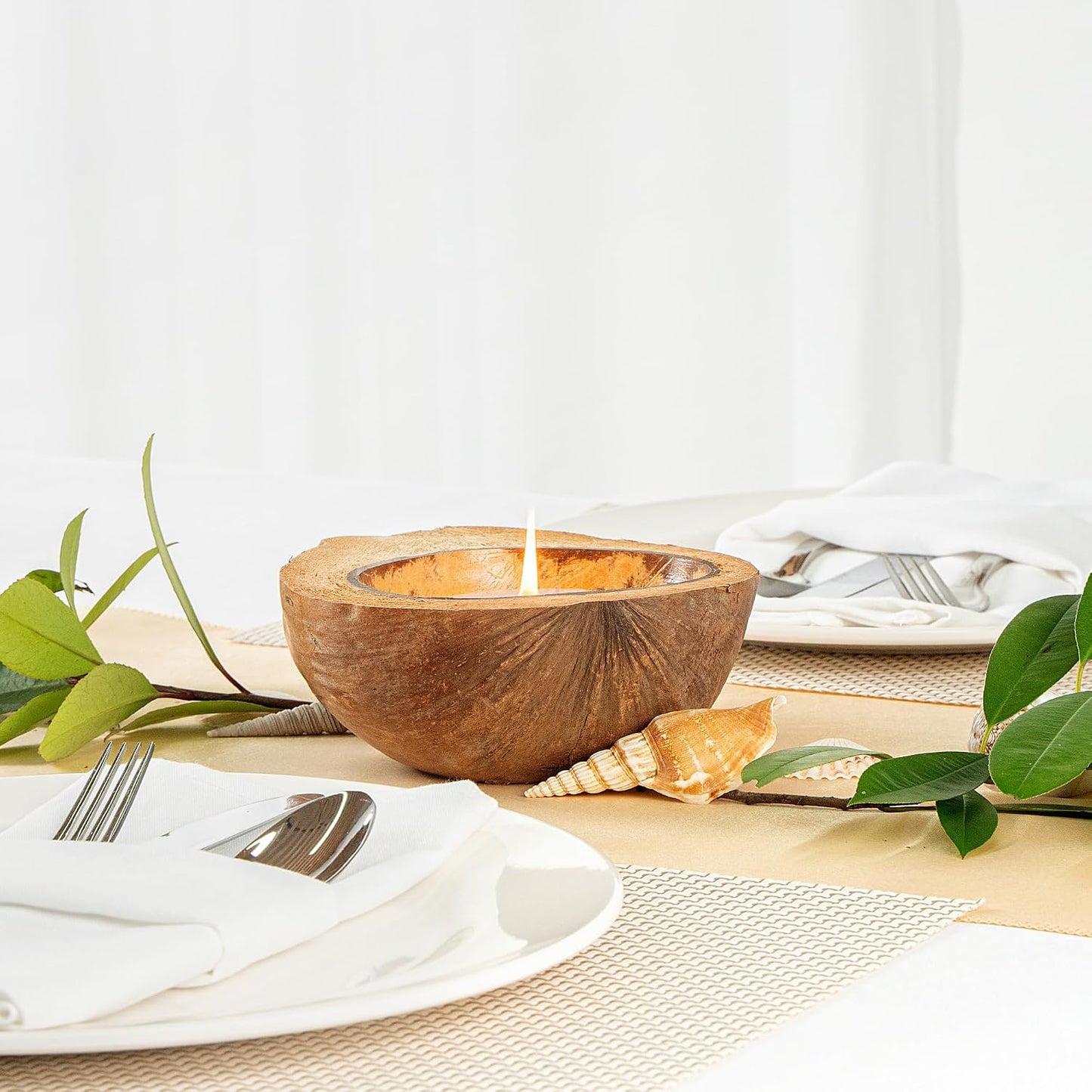 Restaurantware-Coco Casa 6.5 x 2.5 Inch Coconut Shell Candle, 1 Hand Poured Coconut Bowl Candle - Jasmine Fragrance, Double Wax Blend, Soy Wax Scented, Wooden Wick,