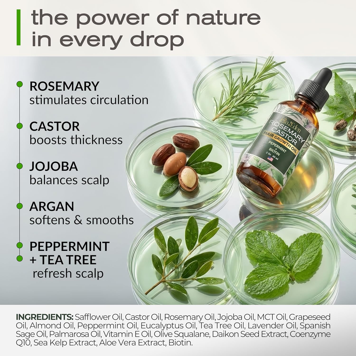 Ella & Eden Hair Growth Oil with Rosemary, Castor, Peppermint Oils & Biotin - Dry Scalp Treatment - Strengthening, Repairing, Soothing - 2 Fl Oz Glass Bottle