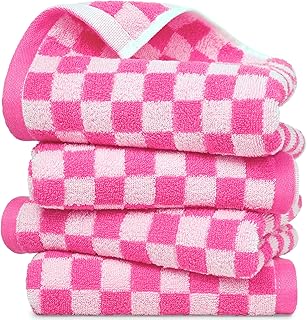 Jacquotha Pink Hand Towels 4 Pack, Cotton Decorative Bathroom Hand Towel & Checkered Kitchen Decor, 13" x 29"