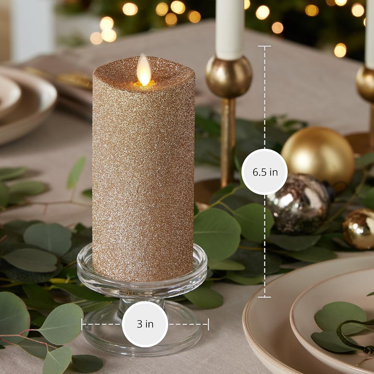 Luminara Realistic Artificial Flame Gold Glitter Pillar Candle - Moving Flame LED Battery Operated Lights - Unscented - Remote Ready - Remote Sold Separately - 3" x 6.5"