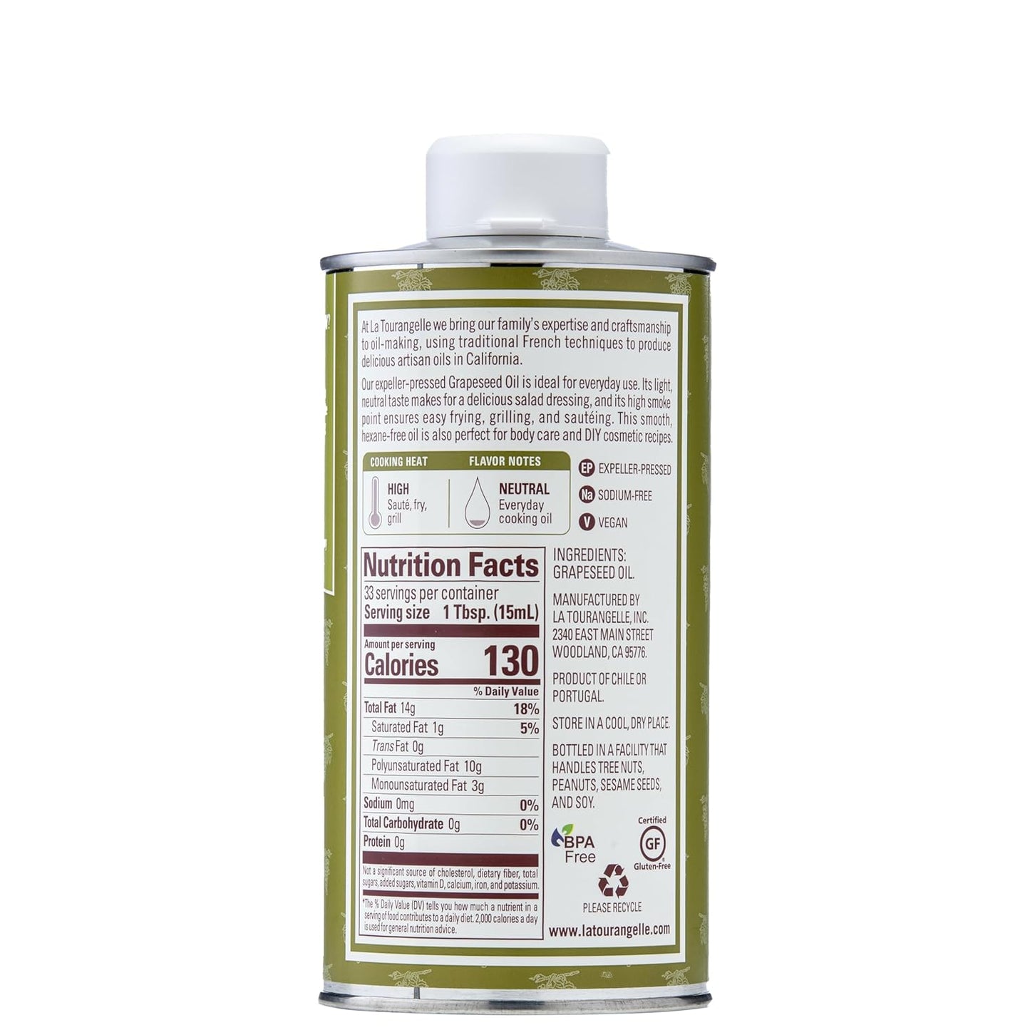 La Tourangelle, Expeller-Pressed Grapeseed Oil, High Heat Neutral Cooking Oil, Cast Iron Seasoning, Also Great for Skin, Hair, and DIY Beauty Recipes, 16.9 fl oz