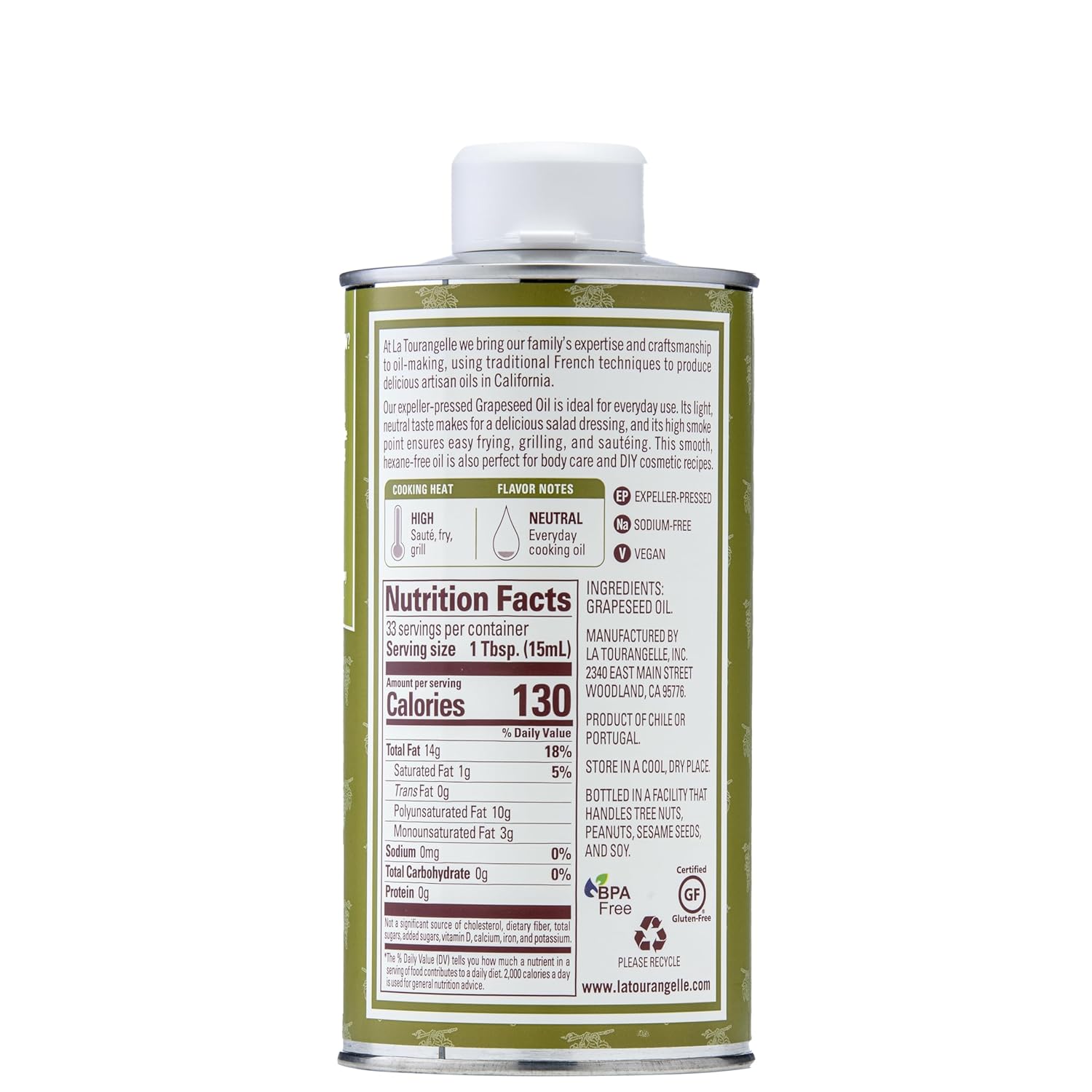 La Tourangelle, Expeller-Pressed Grapeseed Oil, High Heat Neutral Cooking Oil, Cast Iron Seasoning, Also Great for Skin, Hair, and DIY Beauty Recipes, 16.9 fl oz