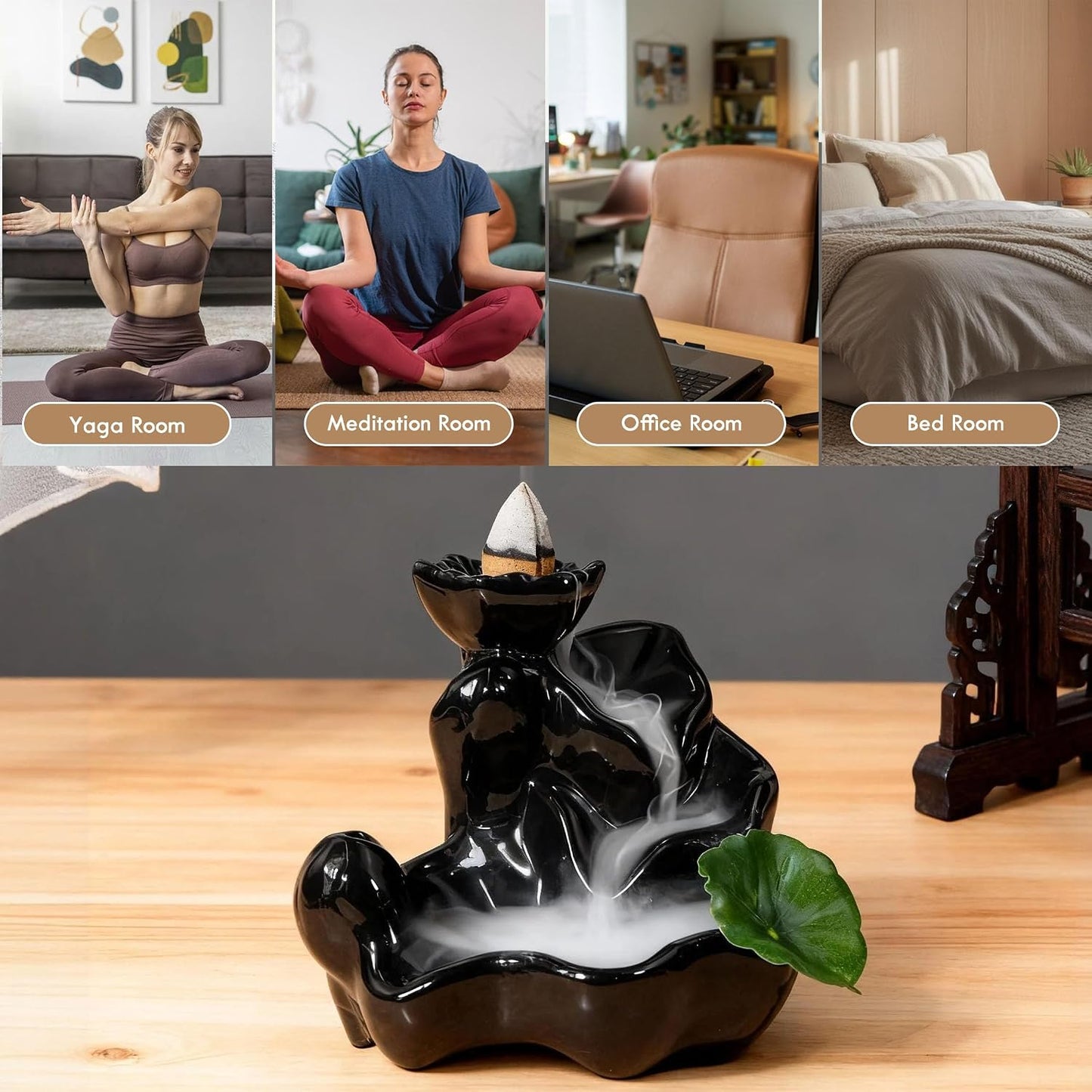 STRN Backflow Incense Cones with Burner for Waterfall, 8 Scented Incense Cone 24 PCS, Sandalwood, Agarwood, Jasmine, Lavender, Backflow Smoke Burning Cone Incense Bulks for Home Fragrance, Bathroom