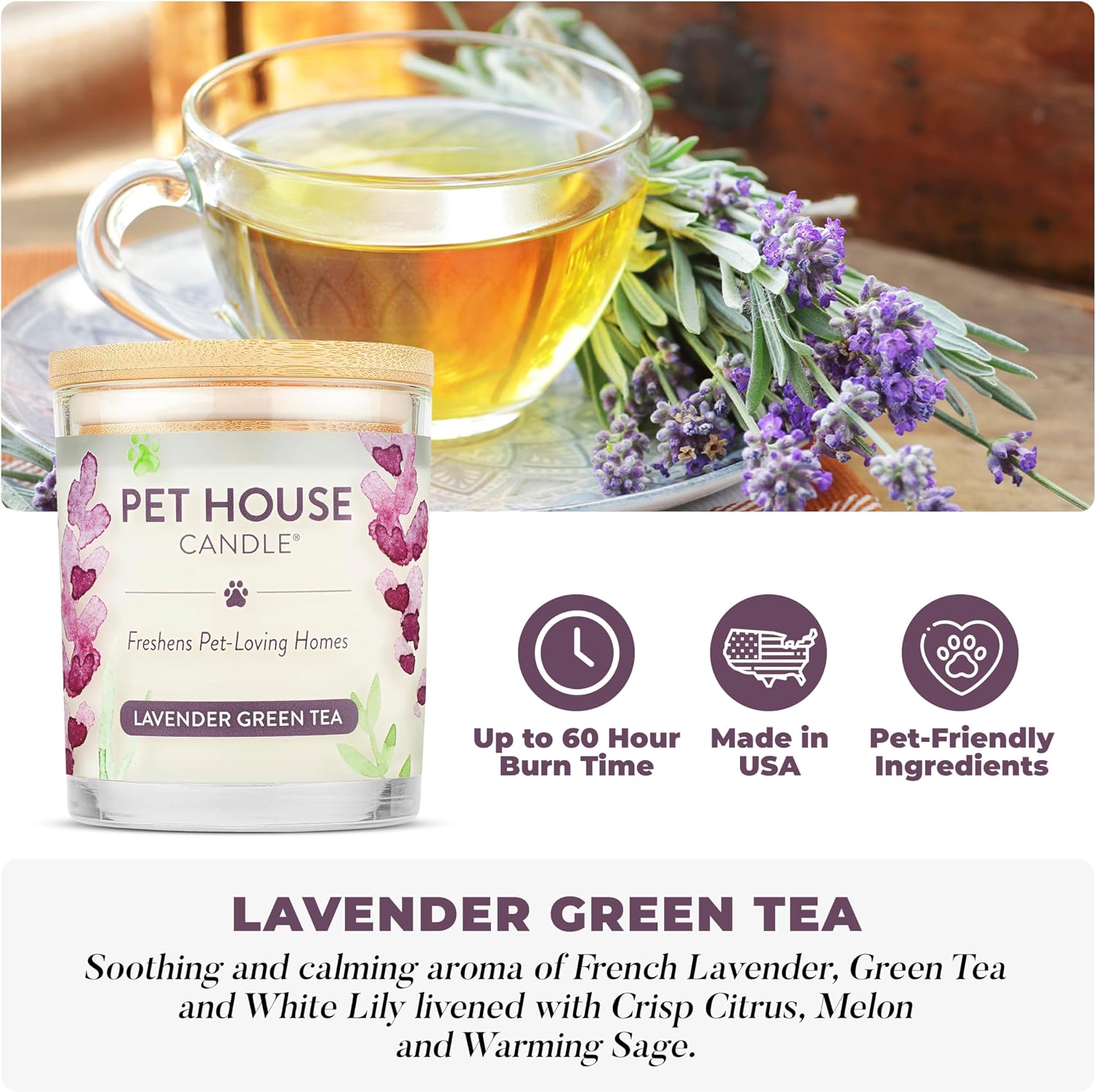 Pet House Lavender Candle Clean Burning, Long Lasting Pet Odor Candle for Home - Lavender Green Tea
