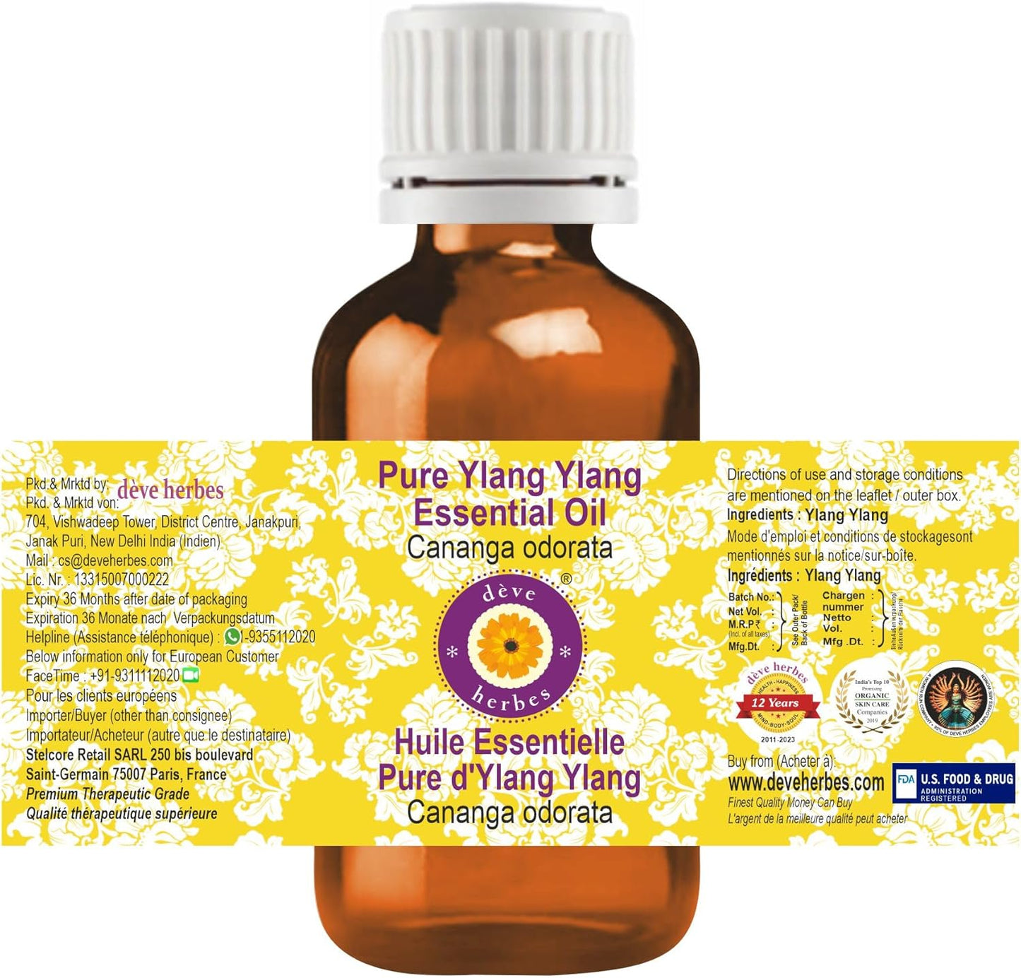 Deve Herbes Pure Ylang Ylang Essential Oil (Cananga odorata) Steam Distilled (Pack of Two) 100ml X 2 (6.76 oz)