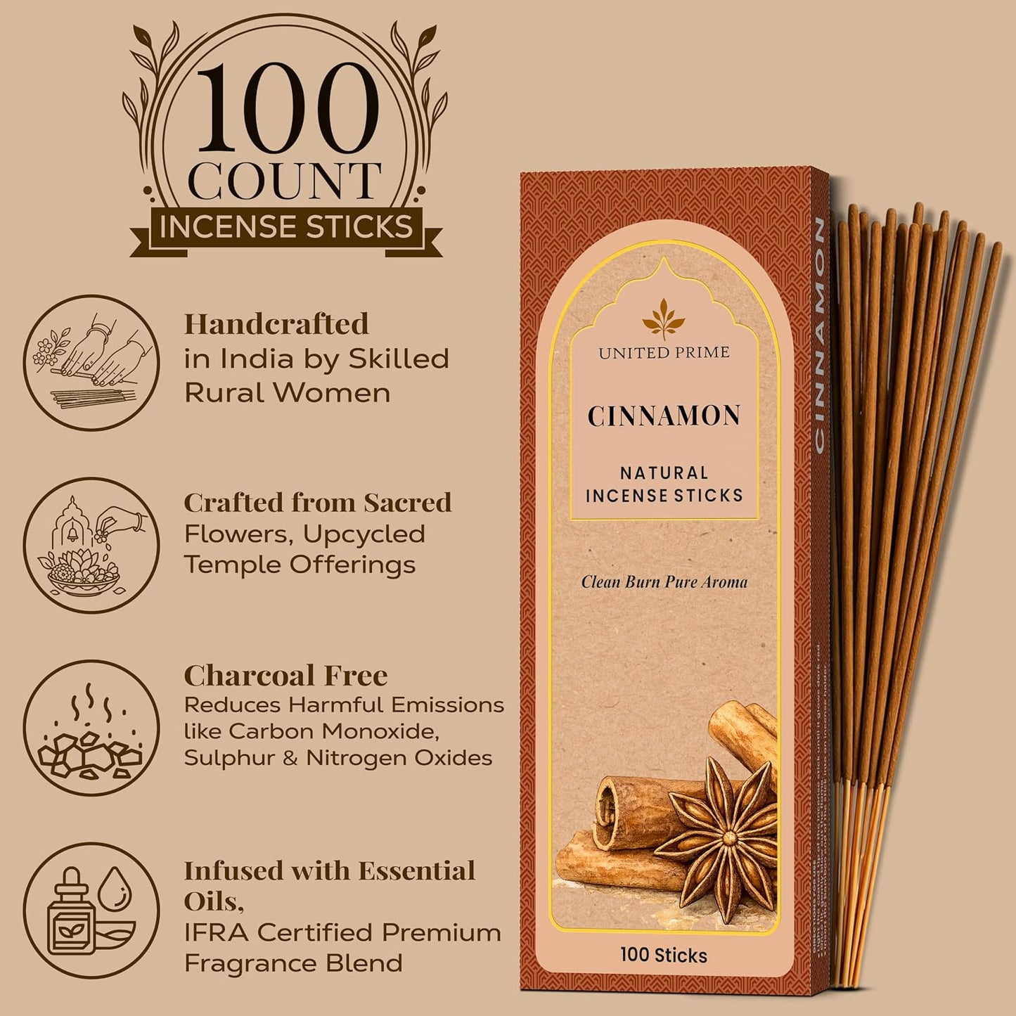 Pure Cinnamon Incense, 100 Insence Sticks, No Charcoal Clean Burning Stick Inscent, 100% Natural Organic Non Toxic, Sustainably Harvested, Spiritual Healing Positive Vibes Incense