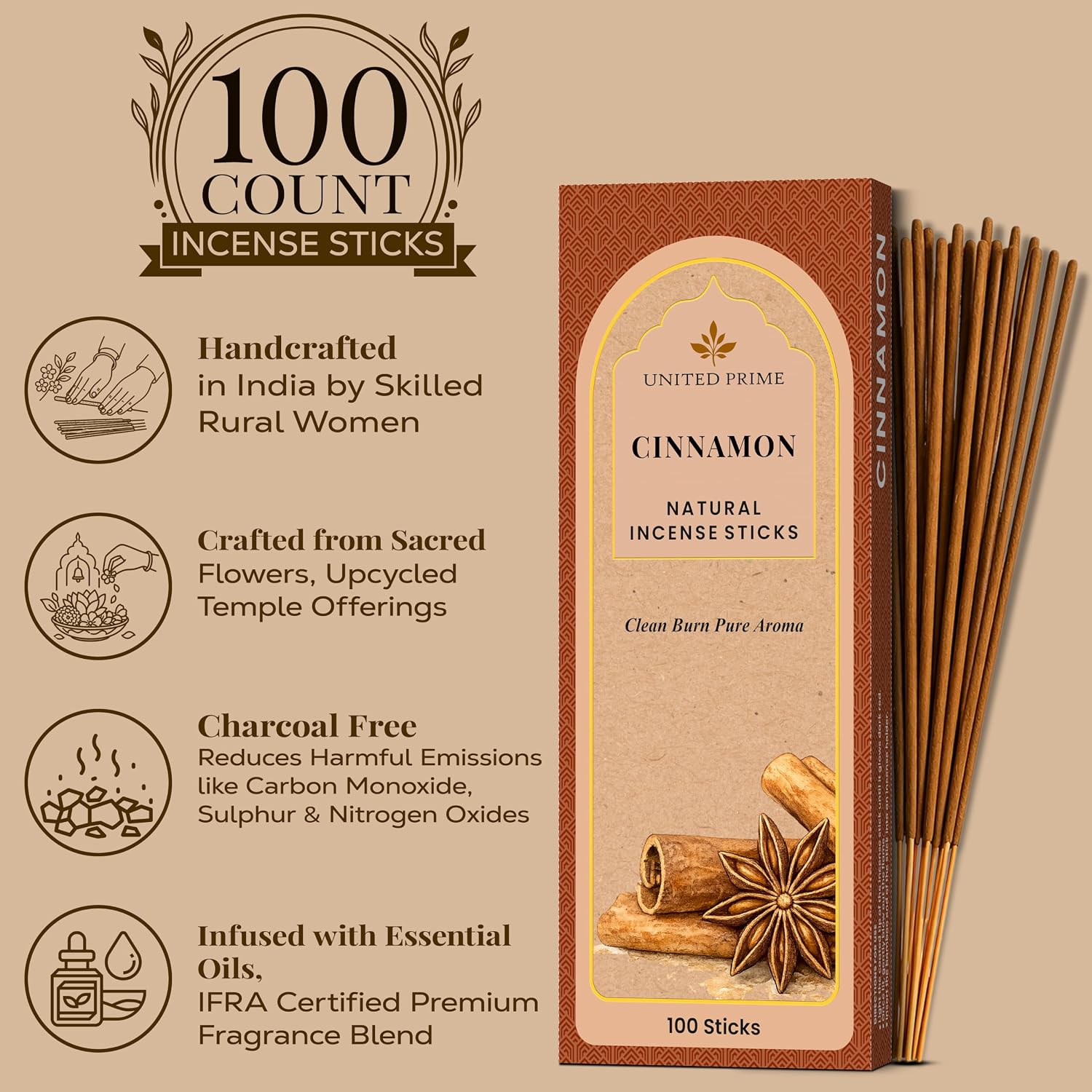 Pure Cinnamon Incense, 100 Insence Sticks, No Charcoal Clean Burning Stick Inscent, 100% Natural Organic Non Toxic, Sustainably Harvested, Spiritual Healing Positive Vibes Incense
