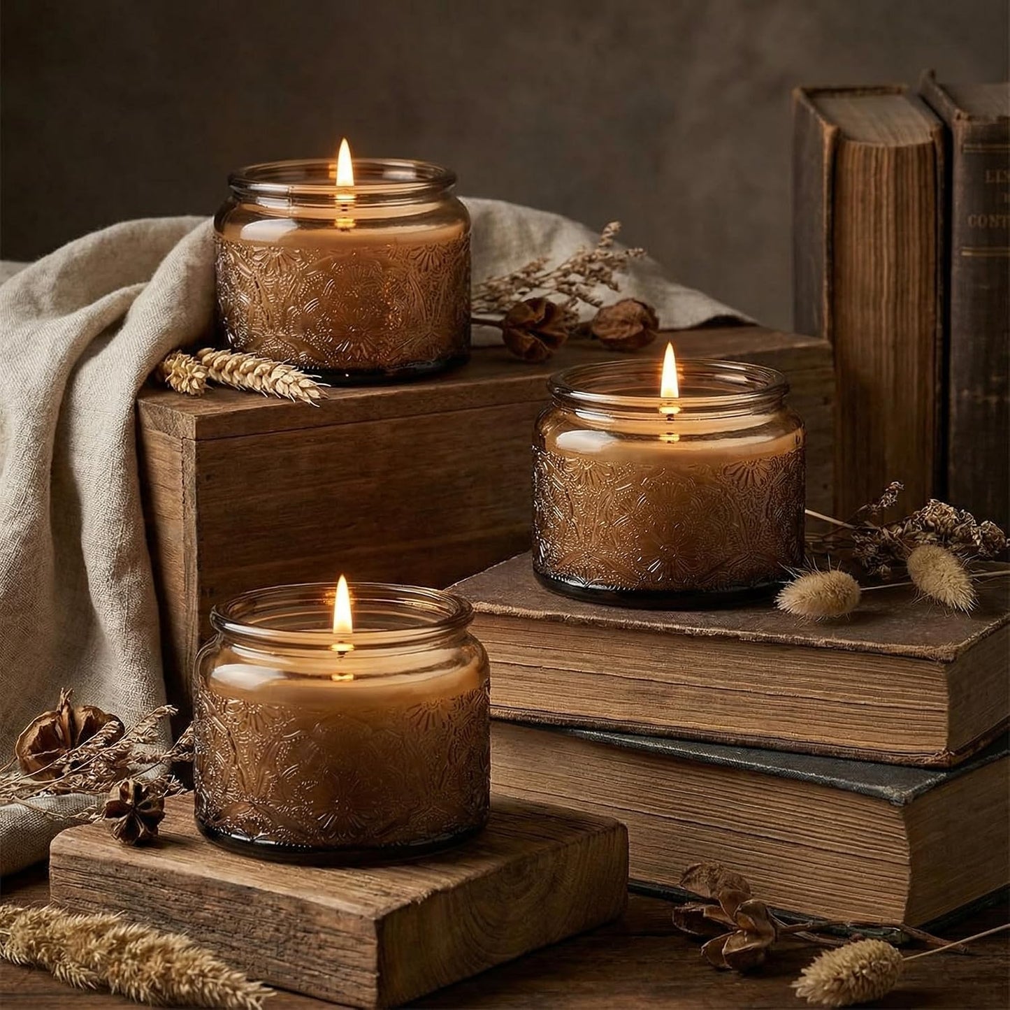 4 oz Mocha Mandala Glass Candle Jars with Bamboo Lids, 18 Pack | Patented Embossed Design, Includes Wick Centering Devices & Warning Labels, Multiple Color Options