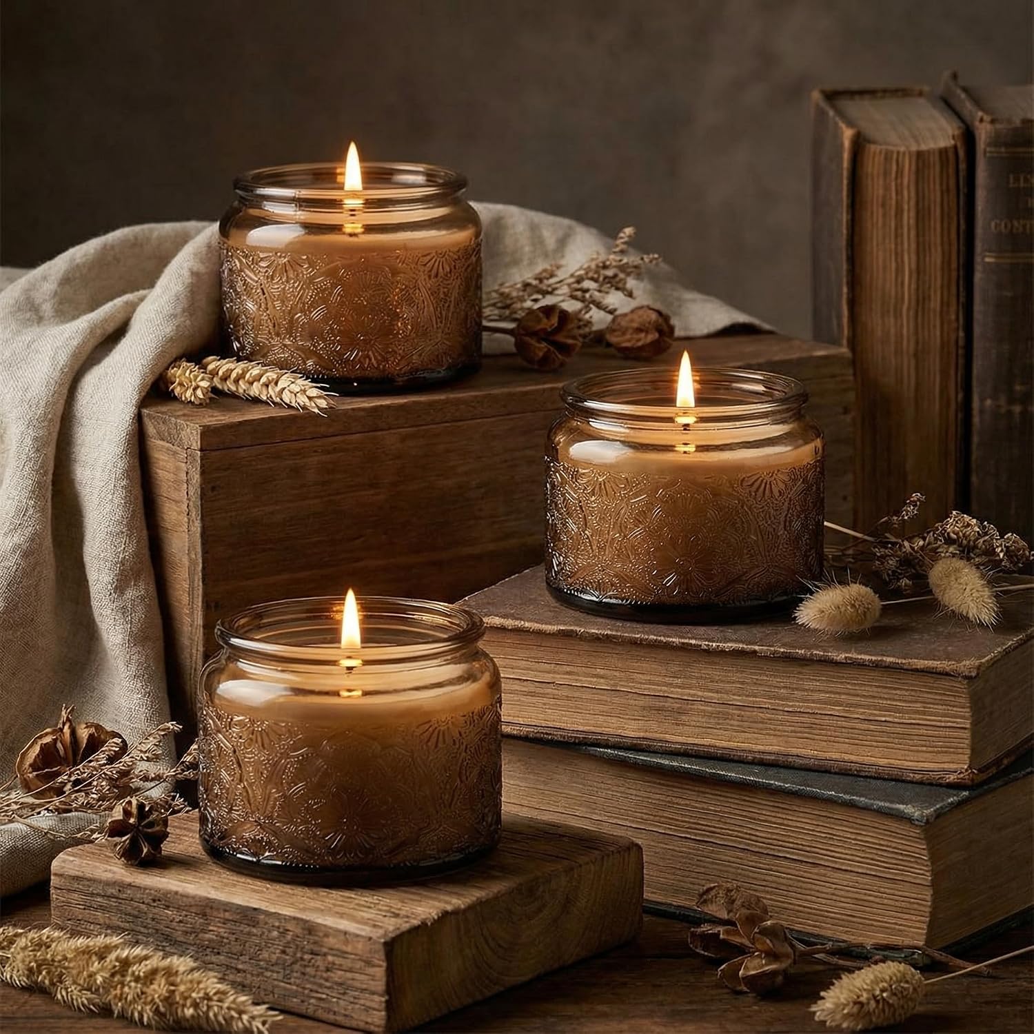 4 oz Mocha Mandala Glass Candle Jars with Bamboo Lids, 18 Pack | Patented Embossed Design, Includes Wick Centering Devices & Warning Labels, Multiple Color Options