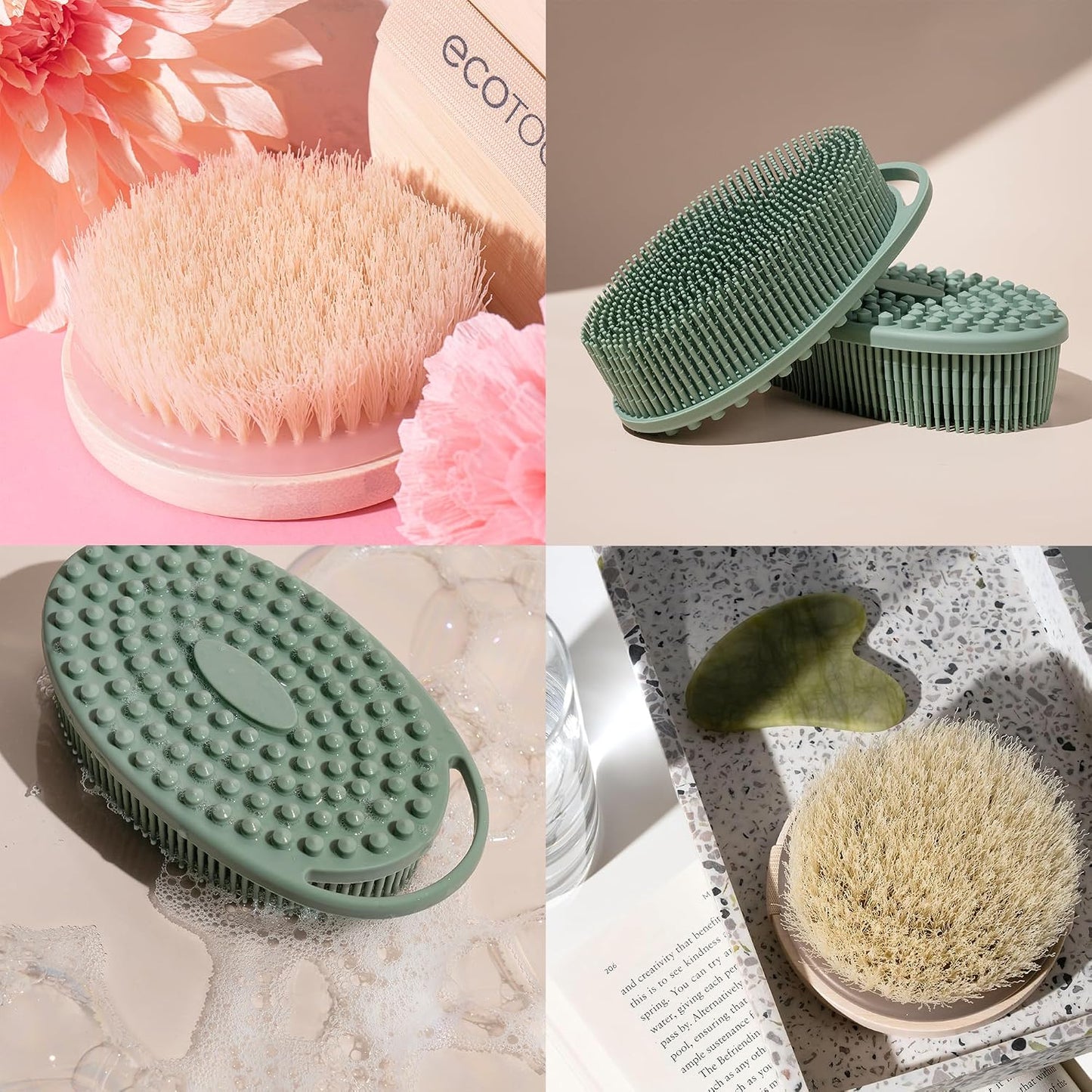 EcoTools Dry Body Brush for Circulation, Dead Skin Removal + Sage Green Silicone Body Scrubber & Massager for Exfoliating, Cleansing & Self-Care Gifts
