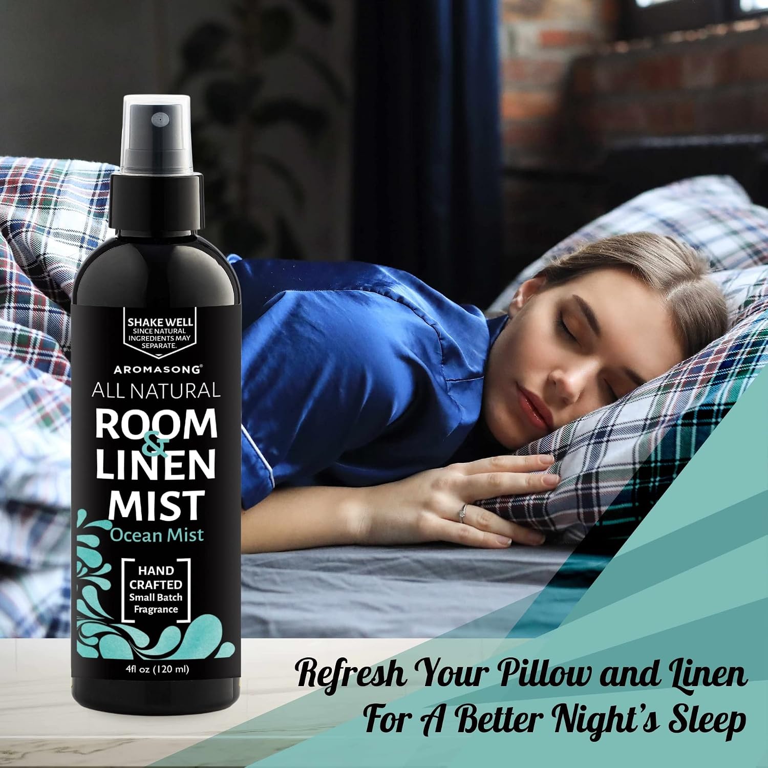 Aromasong All Natural Ocean Mist Room & Linen Spray For Pillows and Sheets - Odor Eliminator Bed Spray Air Freshener All Natural Essential Oil Spray For Sleeping