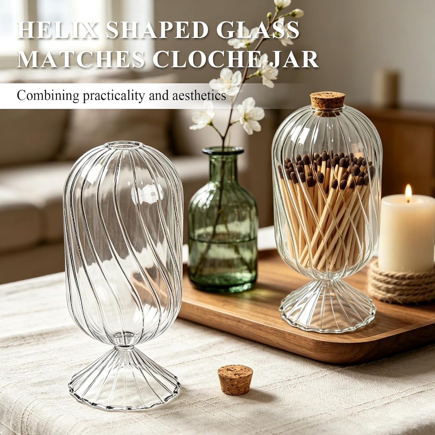 Large Glass Match Holder with Striker, Helix Shaped Clear Match Cloches Glass Long Match Jar Decorative Dome Match Stick Container for 4" Matches Flowers Bathroom Display Decor, Not Include Match