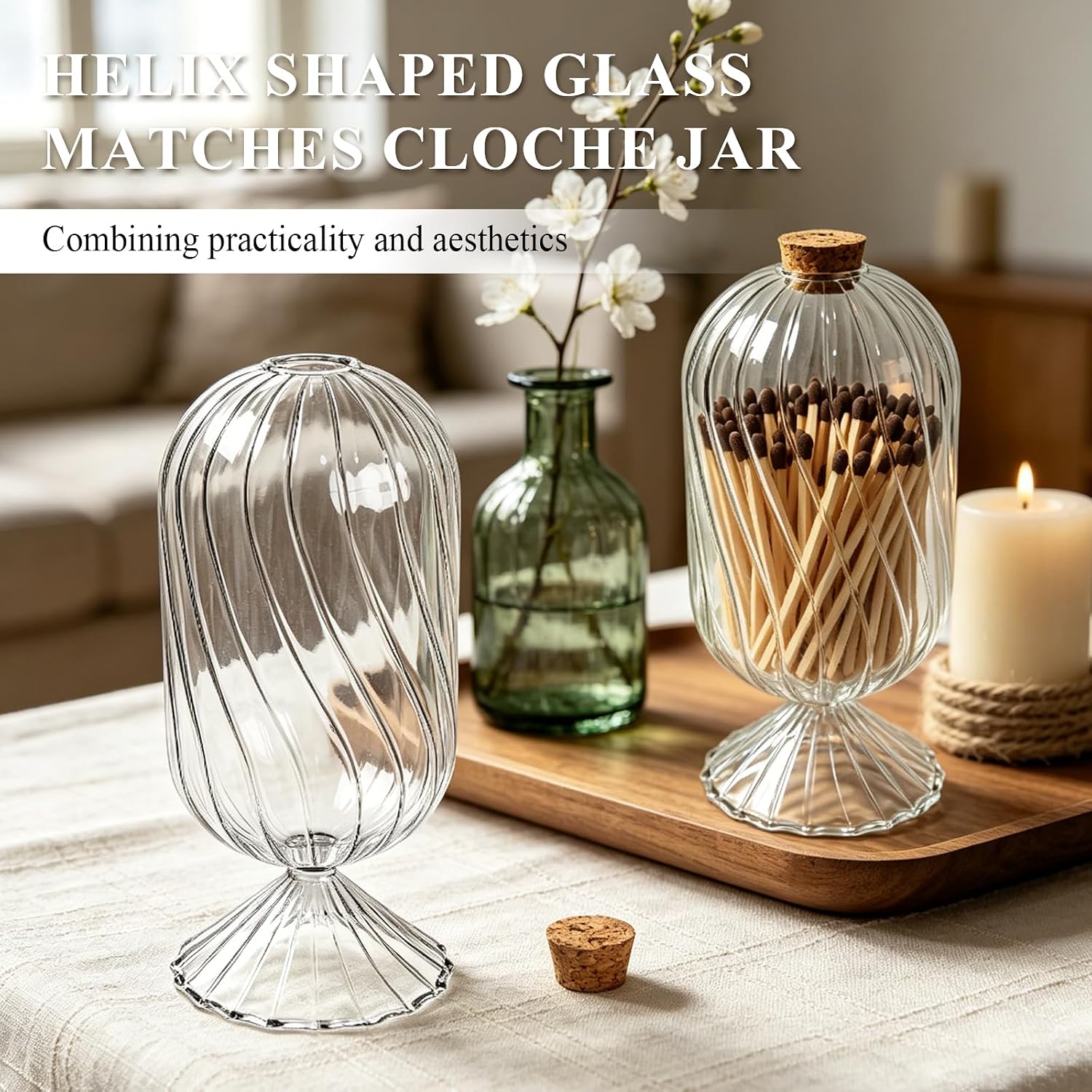 Large Glass Match Holder with Striker, Helix Shaped Clear Match Cloches Glass Long Match Jar Decorative Dome Match Stick Container for 4" Matches Flowers Bathroom Display Decor, Not Include Match