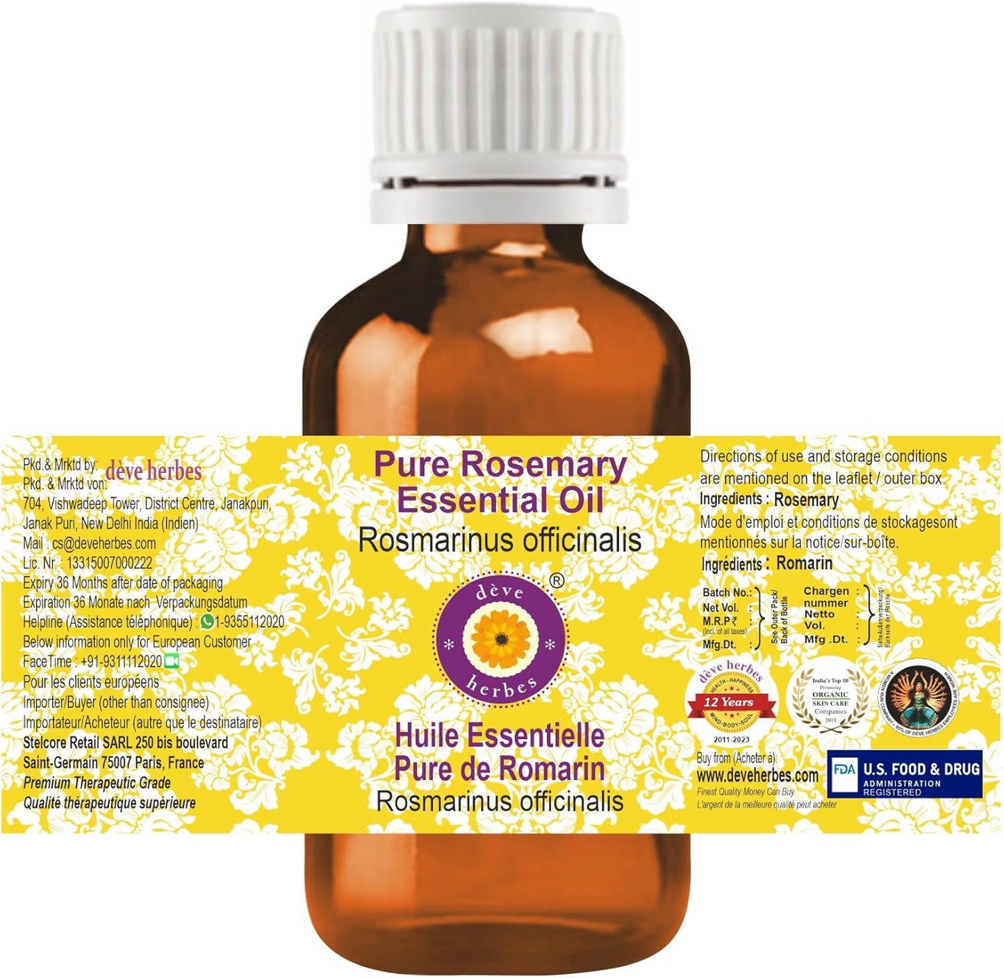 dève herbes Rosemary Essential Oil (Rosmarinus officinalis) Pure | Non-Sticky | Non-Greasy | Lightweight | Men & Women | All Skin Types | Steam Distilled 30ml (1 oz)