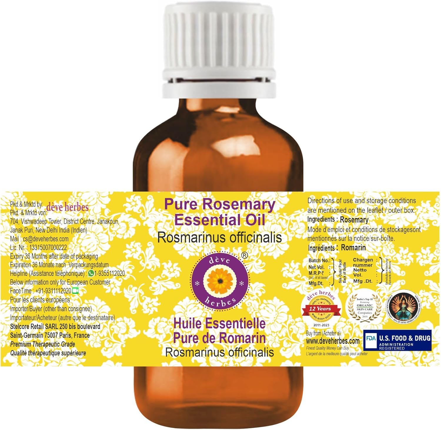 dève herbes Rosemary Essential Oil (Rosmarinus officinalis) Pure | Non-Sticky | Non-Greasy | Lightweight | Men & Women | All Skin Types | Steam Distilled 30ml (1 oz)