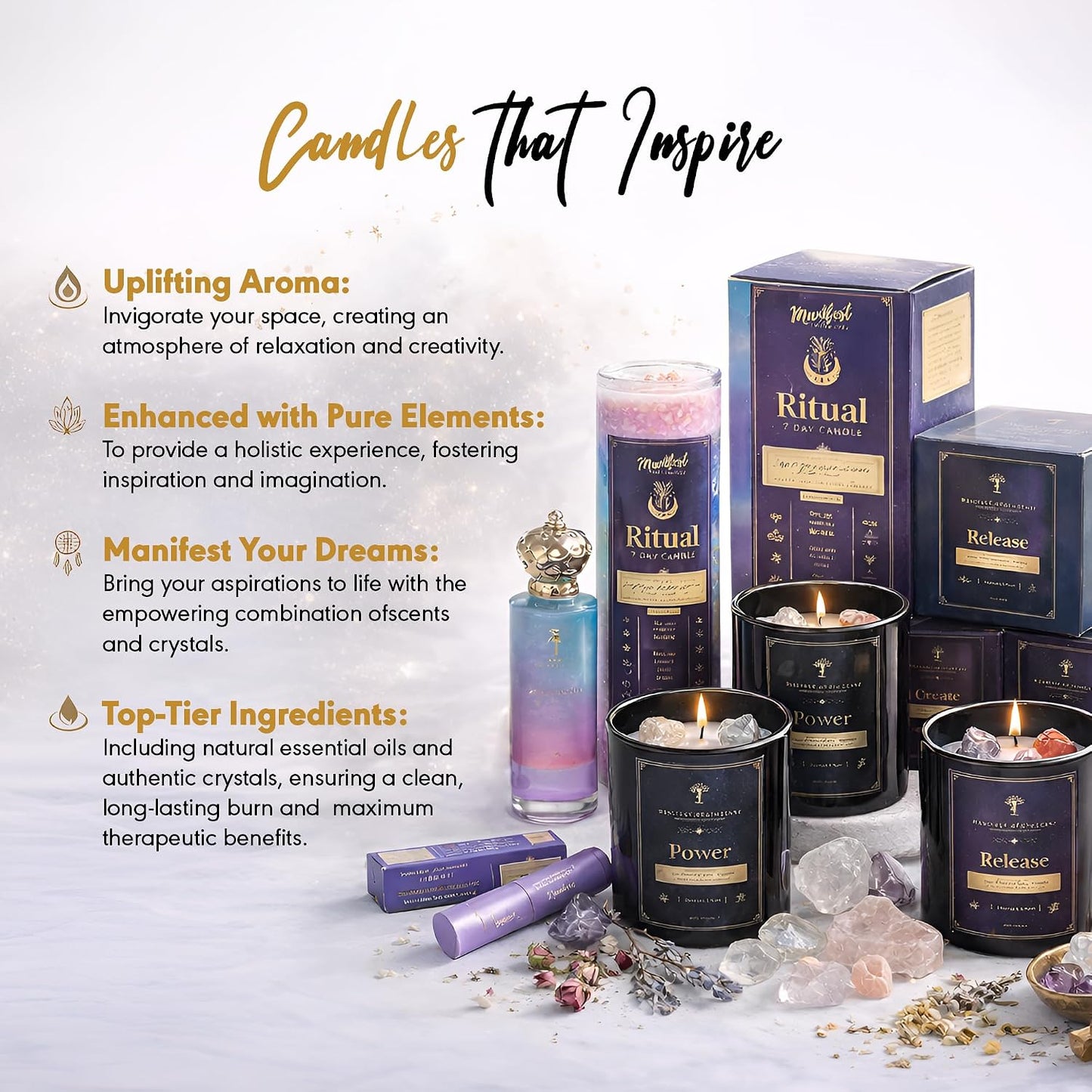Aromatherapy Scented Candle for Confidence & Motivation – Hand-Poured Soy Candle Infused with Jasmine, Mint & Pyrite Crystals – 10.5 Oz & 50 Hrs Burn Time – Ideal Birthday Gift