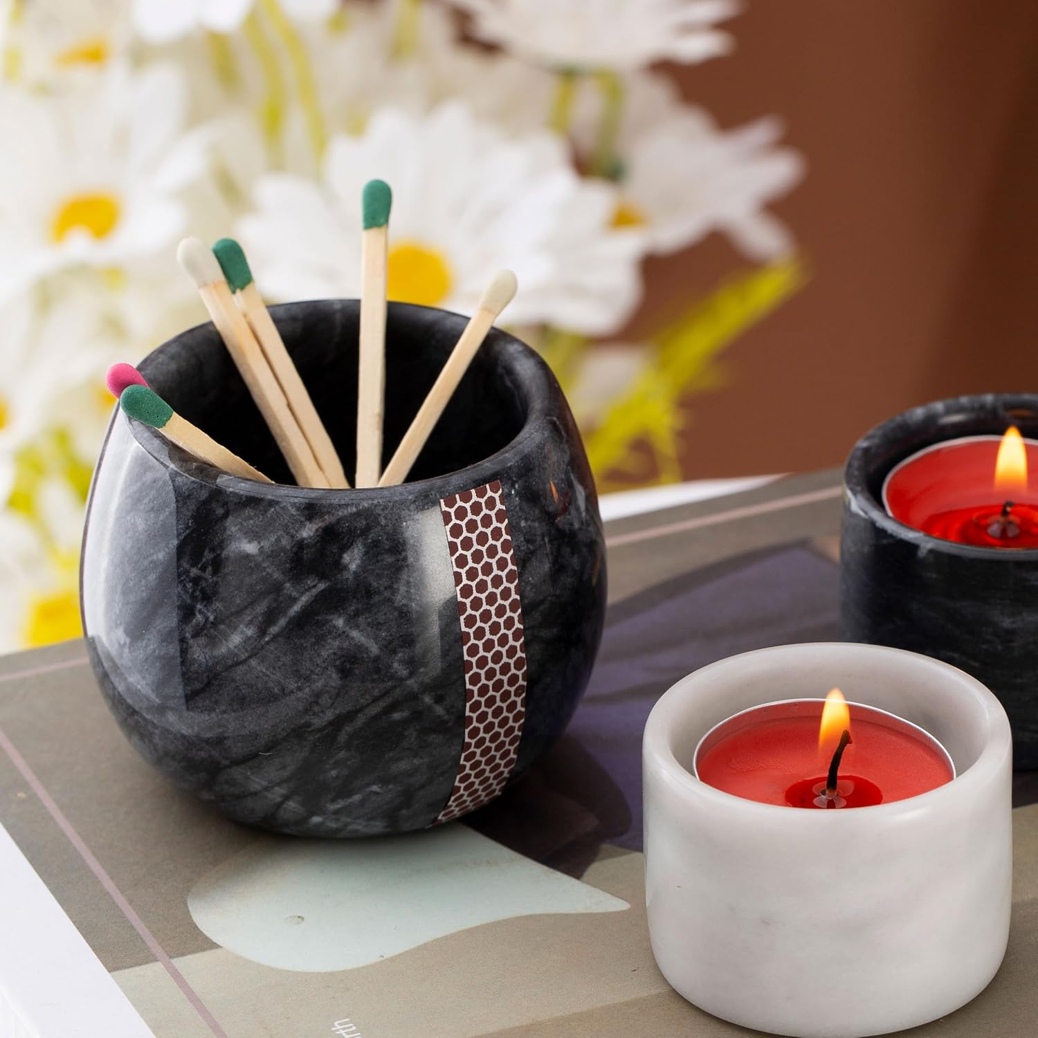 Decorative Marble Match Holder - Matches Box for Long Matches Sticks- Matches in a Jar with Striker（Wooden Matches Not Included）