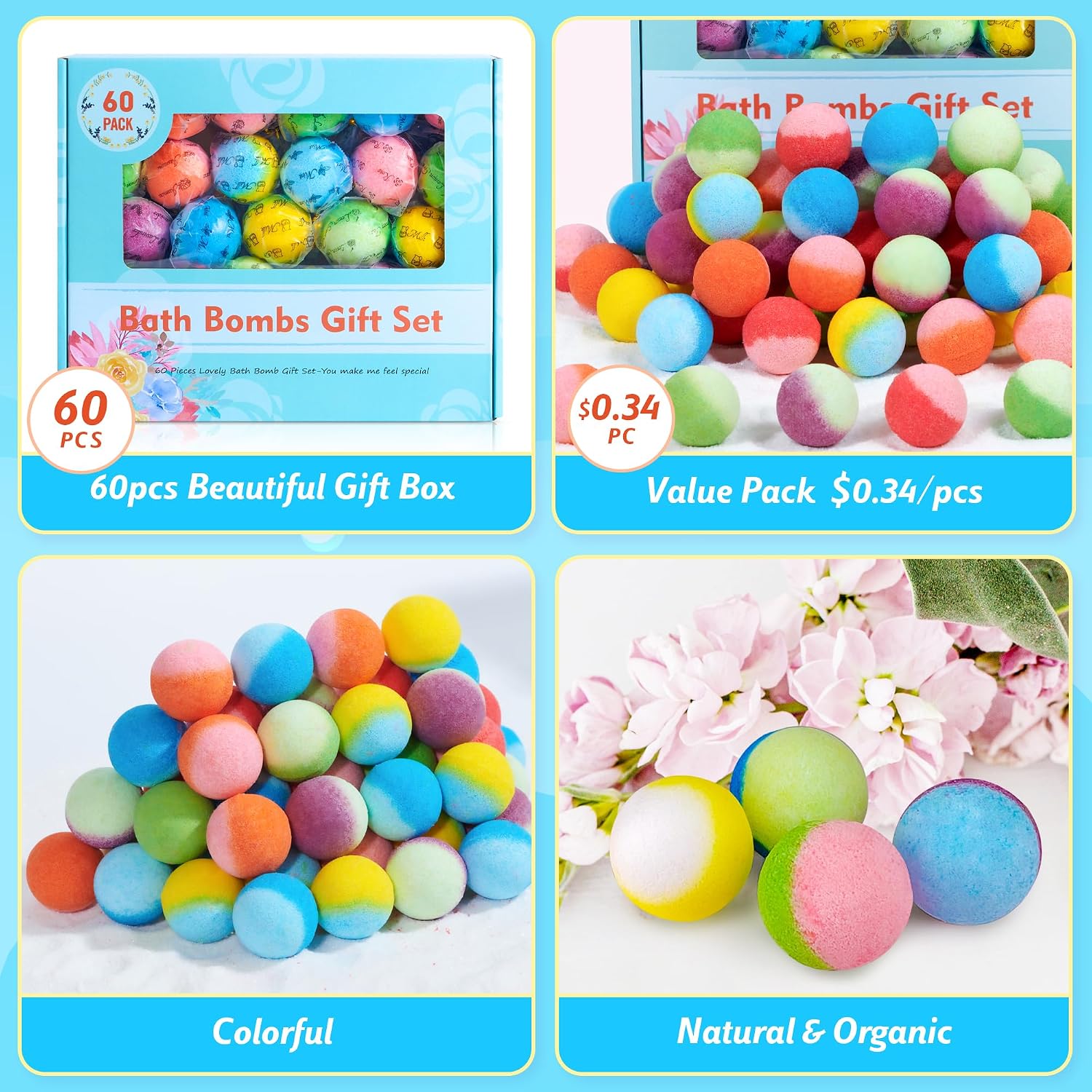 60 Pack Bath Bombs Set, Christmas Stocking Stuffers, Birthday Gift Set for Women, Natural Organic Bath Bubble Bombs for Kids/Women/Men/Mom Individually Wrapped Handmade